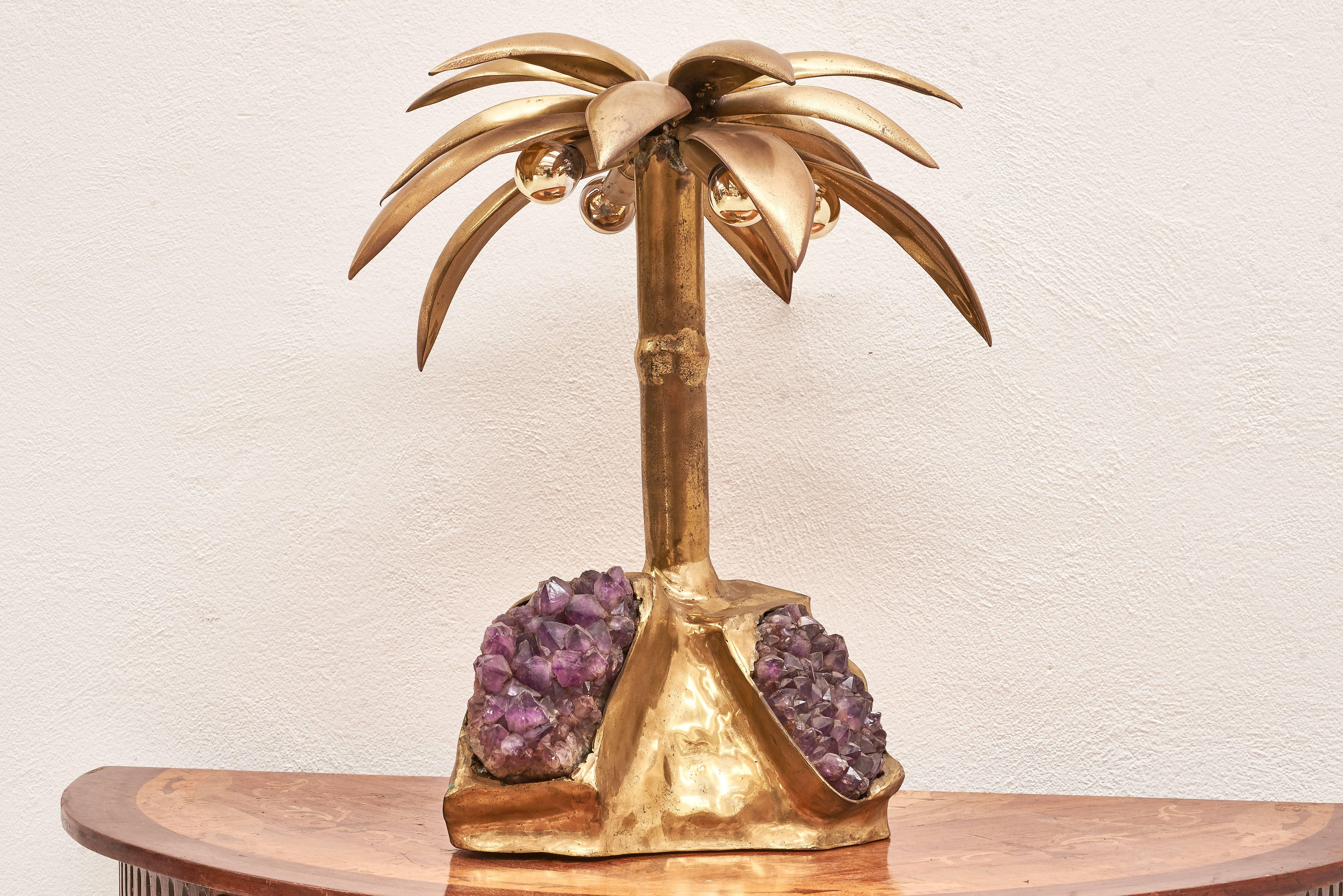 20th Century Palm Brass and Amethyst Table Lamp by Christian Techoueyres for Maison Jansen