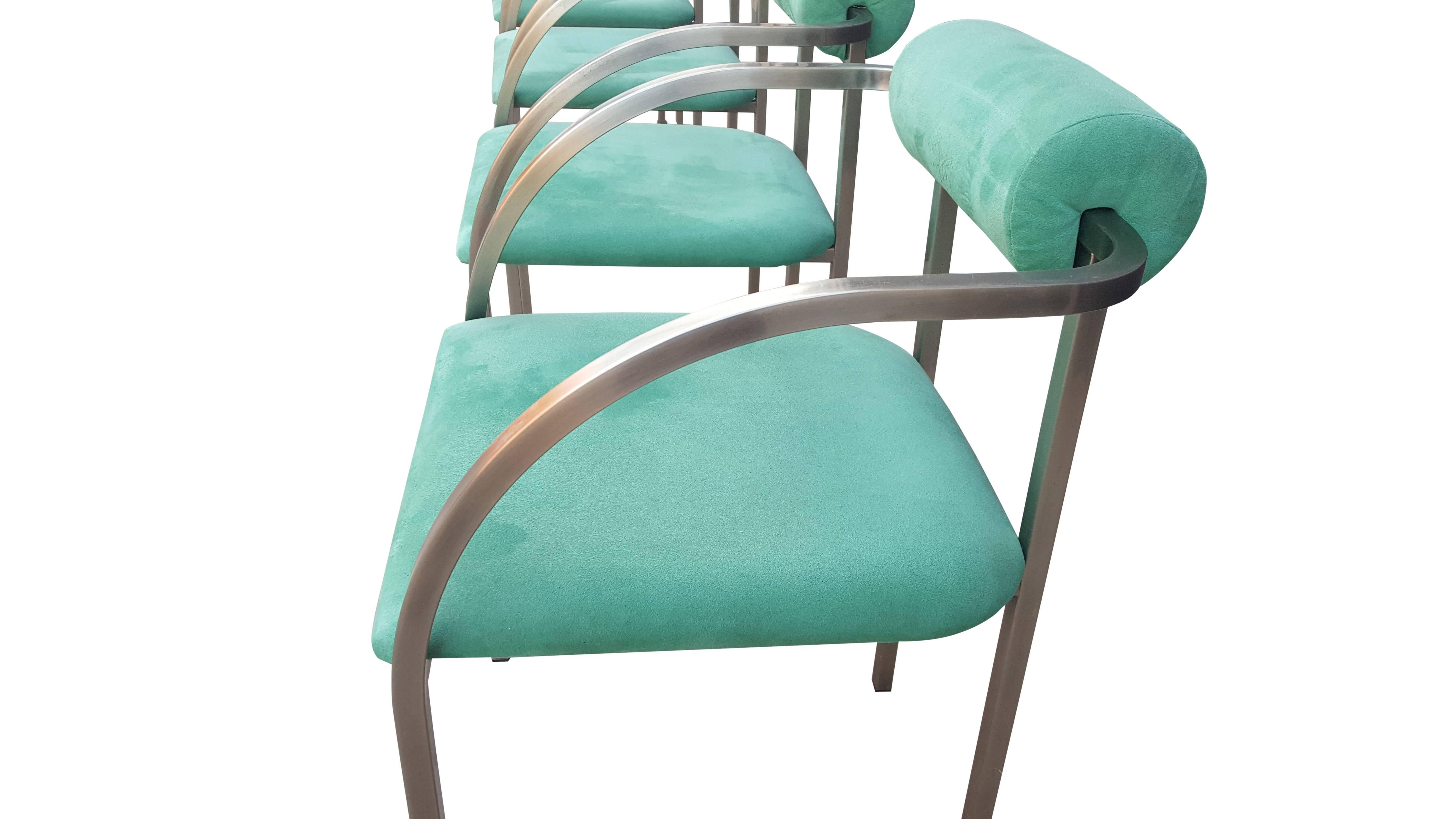 Mid-Century Modern Set of Six Belgo Chrome Chairs in Stainless Steel en Velvet Green Color For Sale