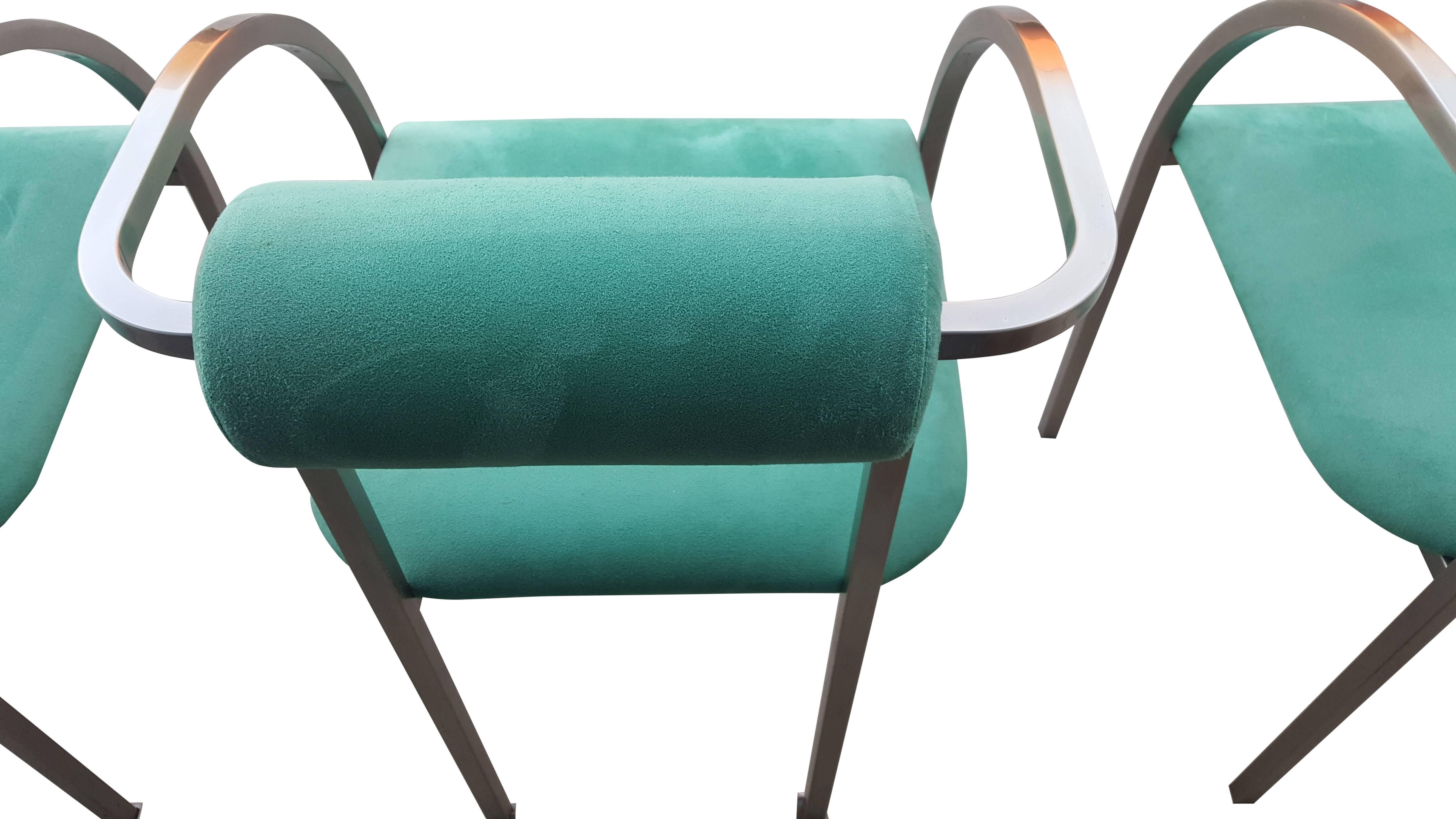 20th Century Set of Six Belgo Chrome Chairs in Stainless Steel en Velvet Green Color For Sale