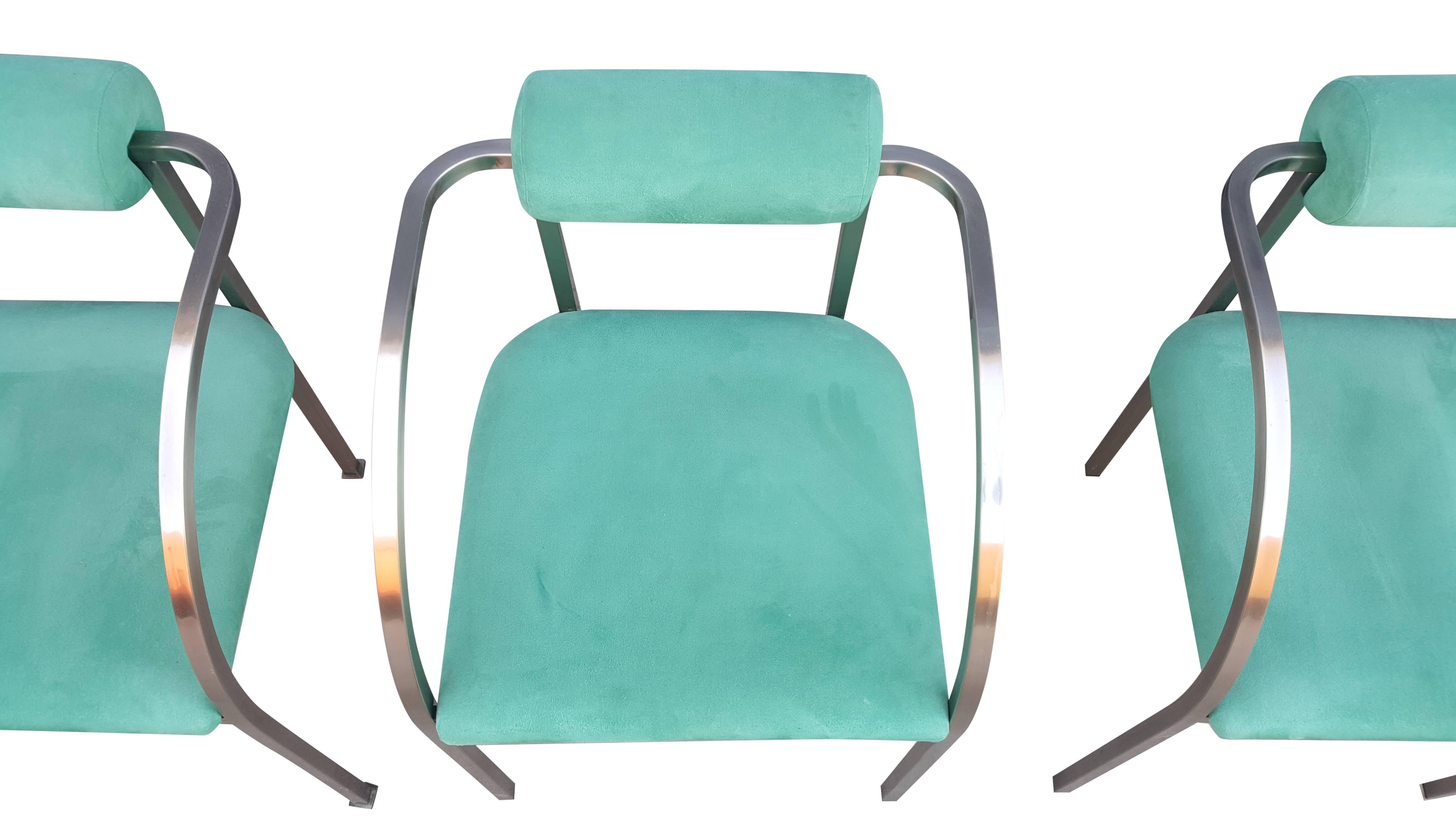 Set of Six Belgo Chrome Chairs in Stainless Steel en Velvet Green Color In Good Condition For Sale In De Klinge, BE