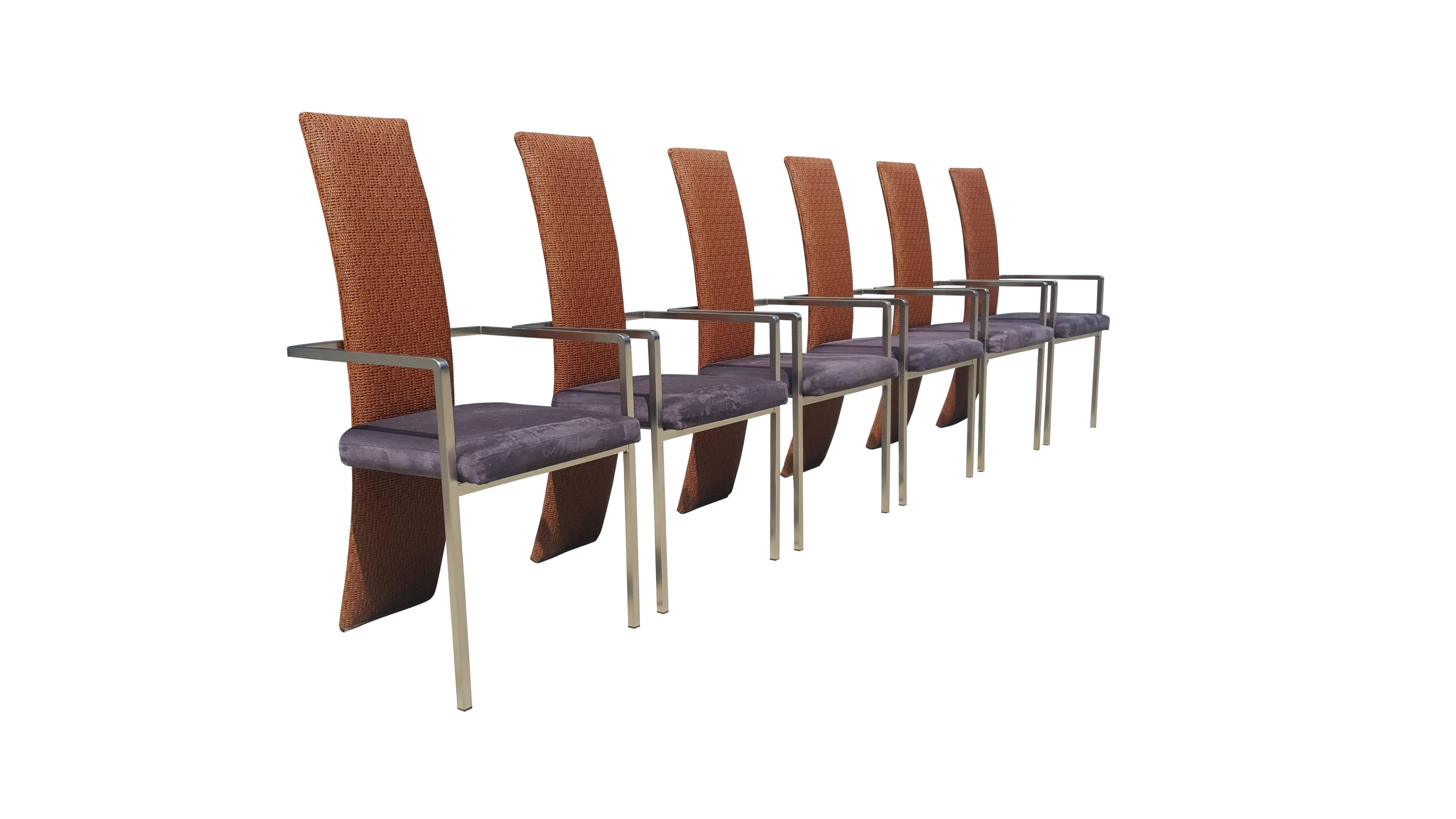 An amazing set of six dining chairs by Belgo Chrome.
Velvet upholstery on the seat, the back of the chair is draped with tissue. 

Dimensions (total Height chair) 109 cm x 50 W x 45 D x 46 (Height seat)

Brushed steel.
 