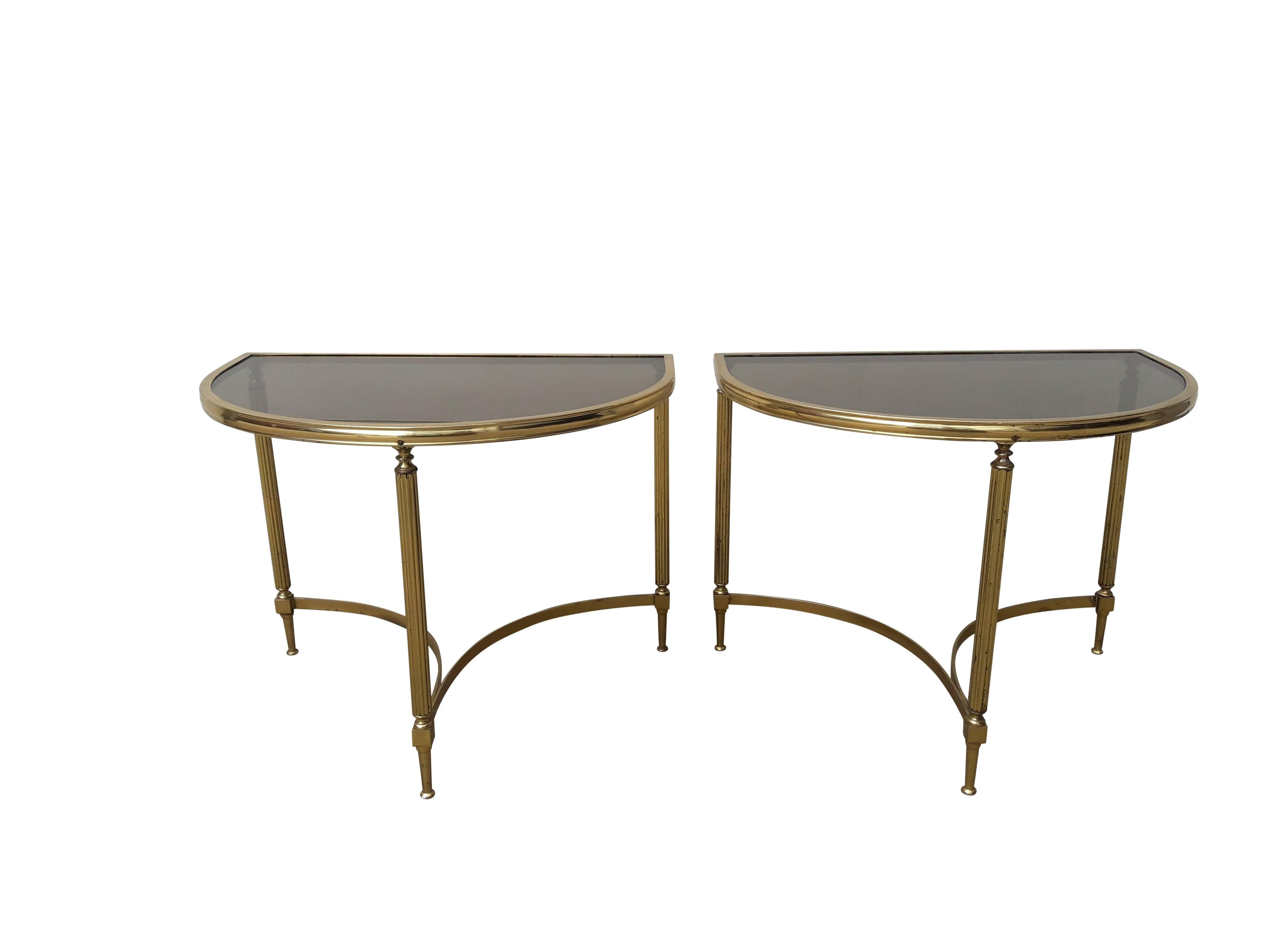 Hollywood Regency Pair of Vintage Brass Side Tables in the Style of Maison Jansen For Sale