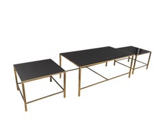 French Three-Piece Brass Coffee Table Mirrored Glass, Mid-Century Modern