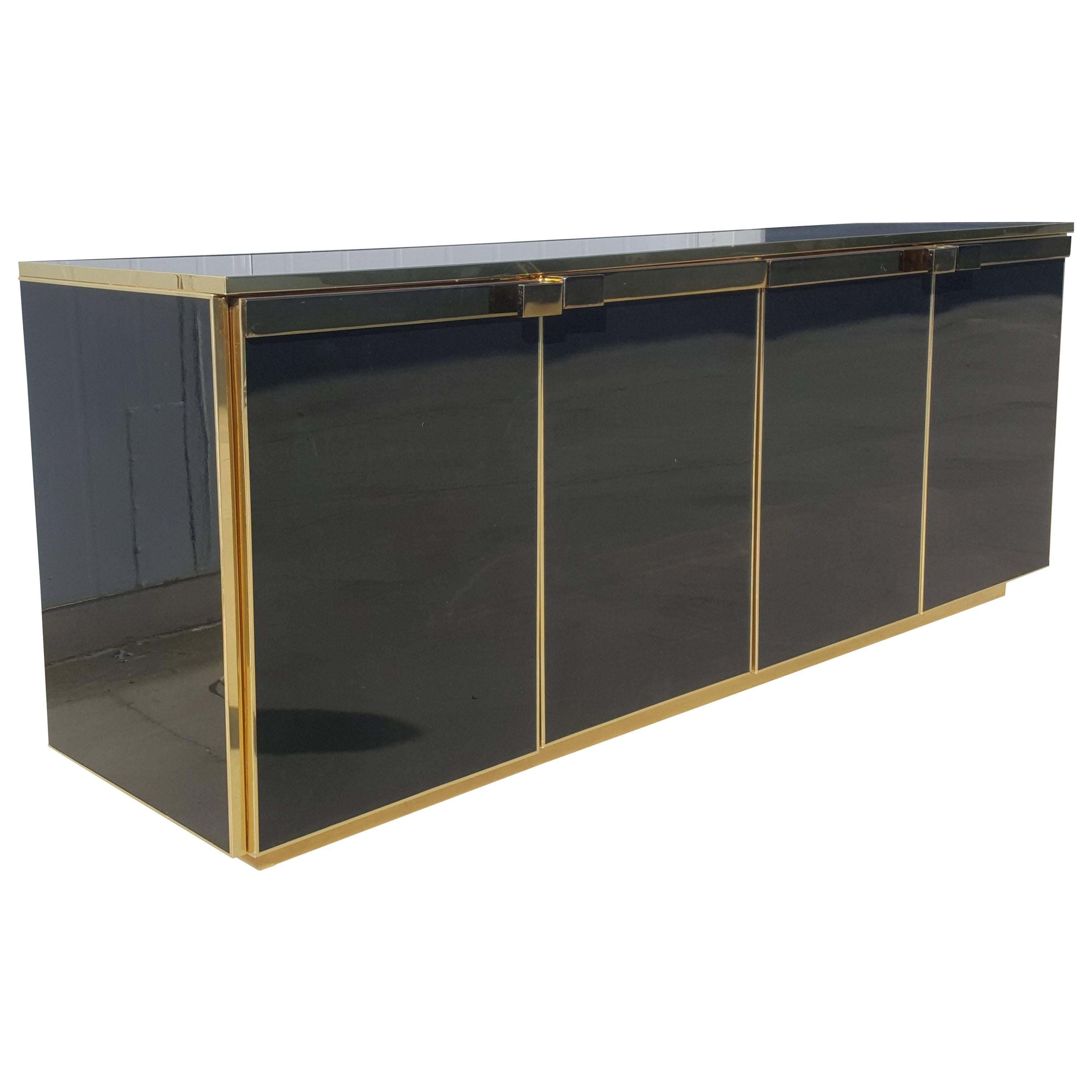 Maison Jansen Brass and Black Glass Five Doors Credenza For Sale