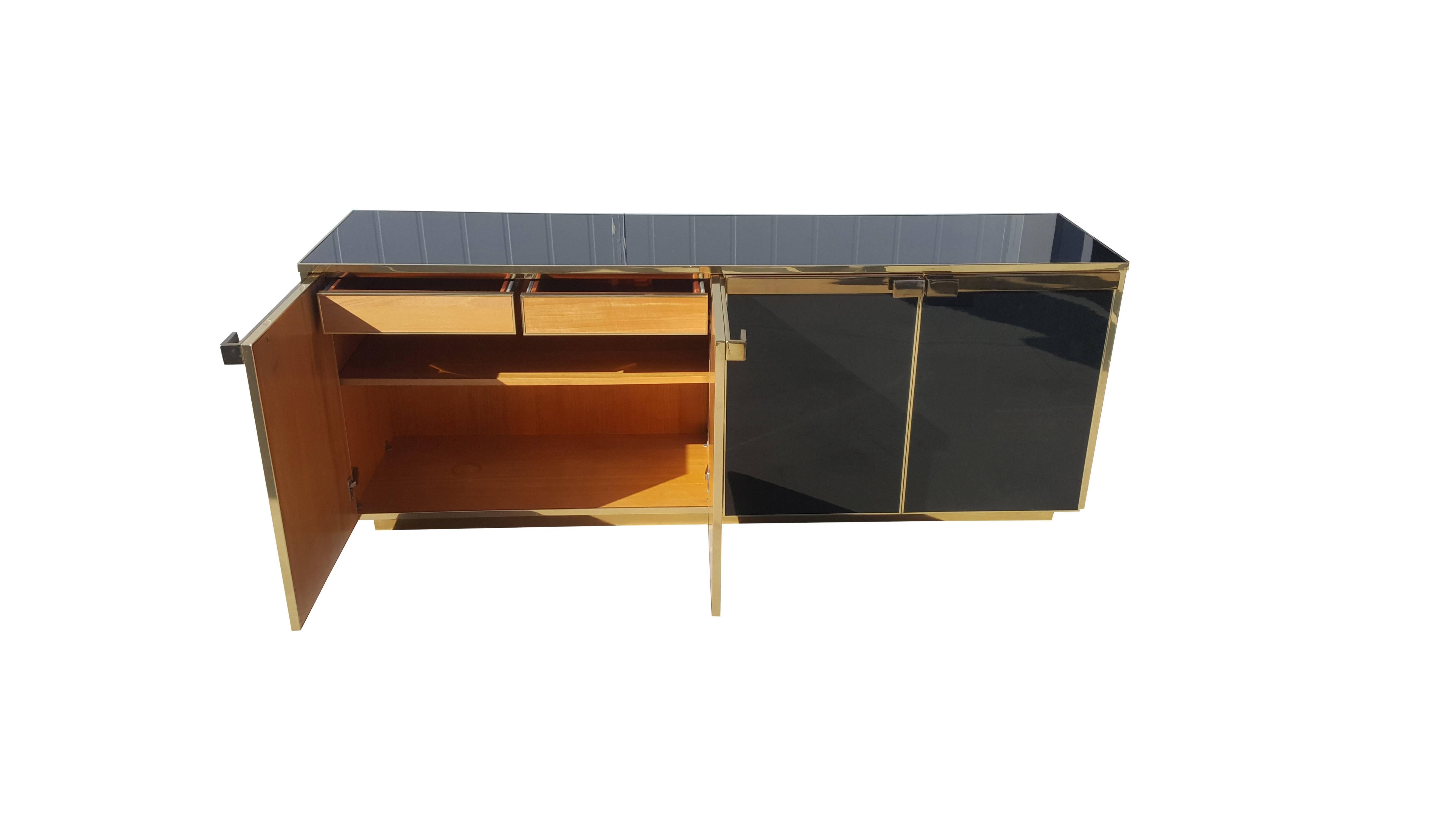 Maison Jansen Brass and Black Glass Five Doors Credenza For Sale 2