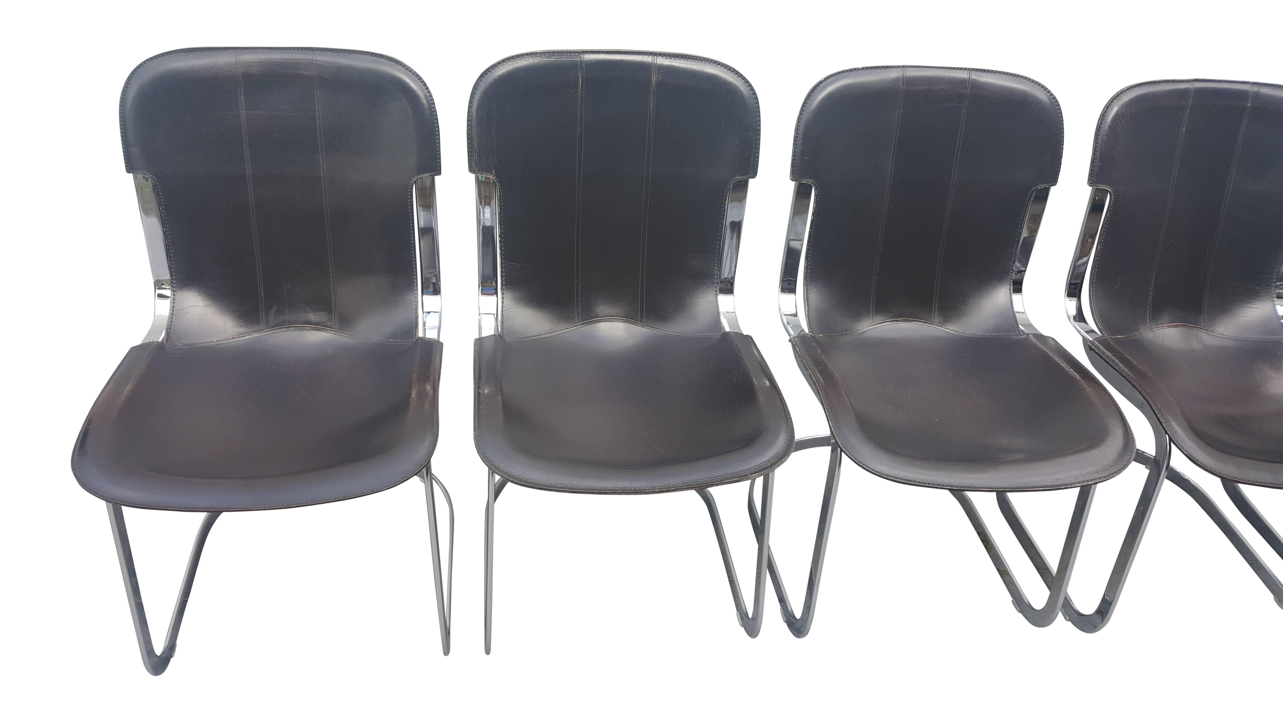 Italian Black Leather Chairs by Willy Rizzo for Cidue, 1970s, Set of Six