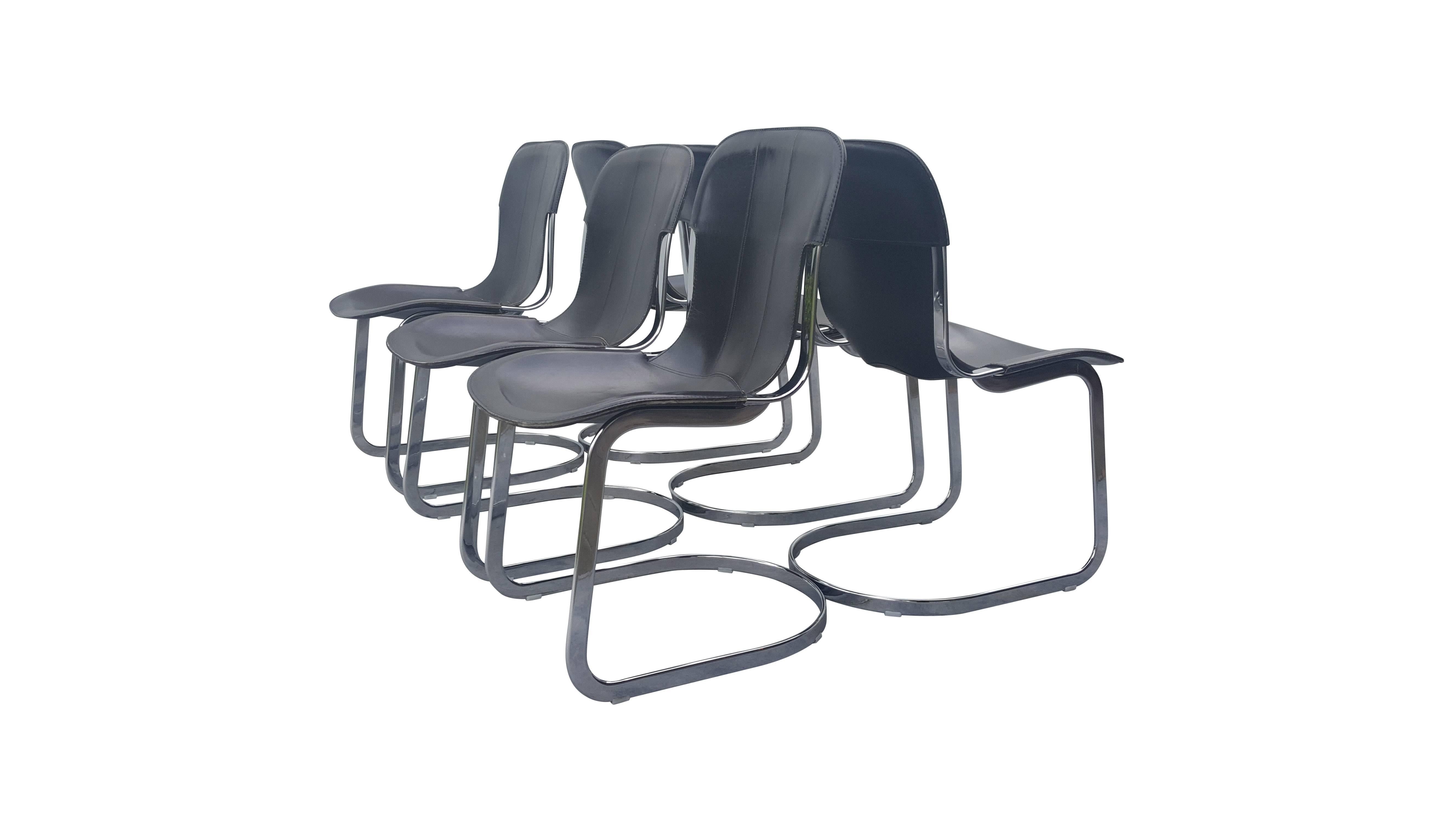 Black Leather Chairs by Willy Rizzo for Cidue, 1970s, Set of Six In Good Condition In De Klinge, BE