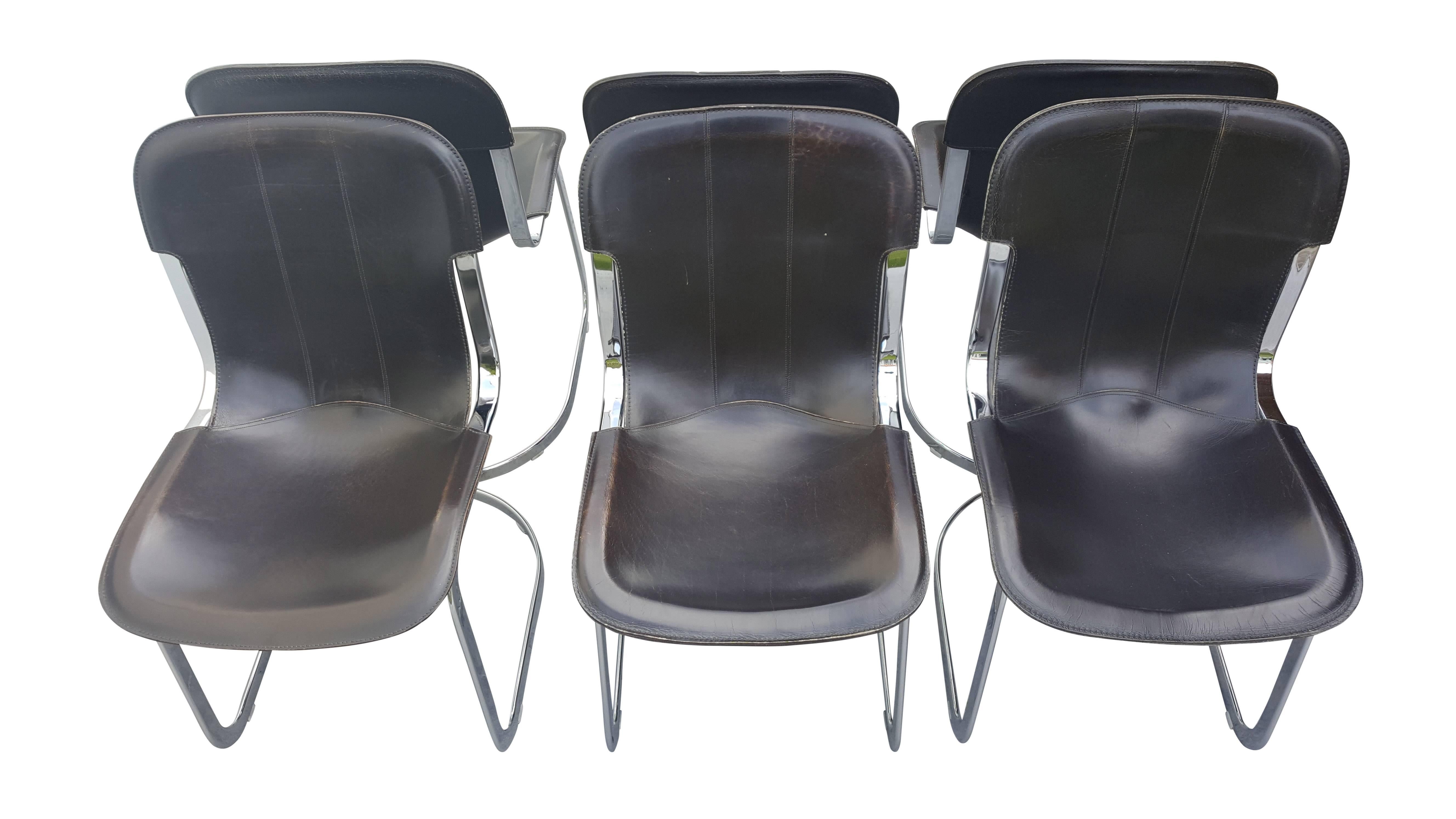 Late 20th Century Black Leather Chairs by Willy Rizzo for Cidue, 1970s, Set of Six