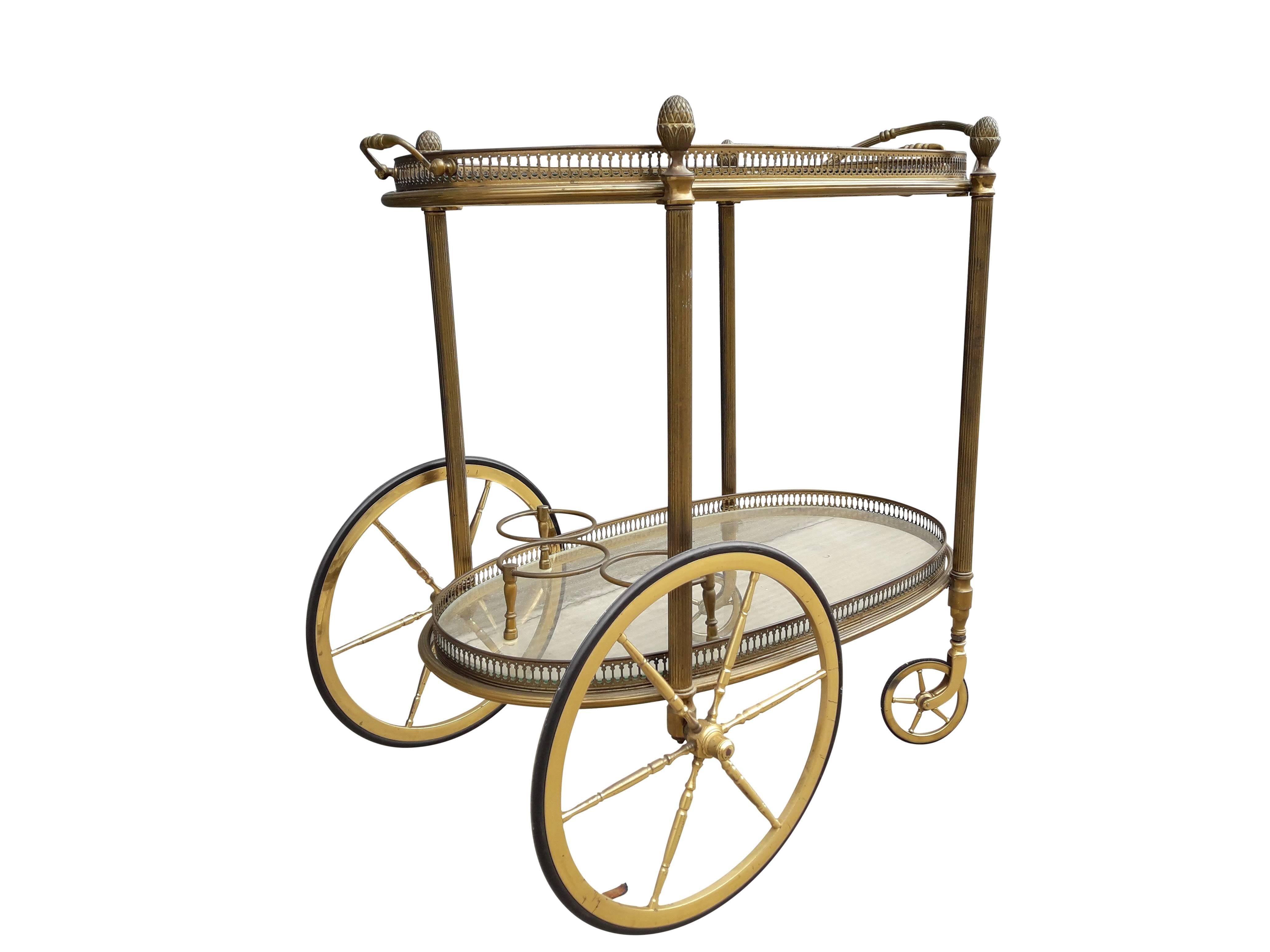 Mid-Century Modern Decorative French Drinks Cart of Brass with Serving Tray Top For Sale