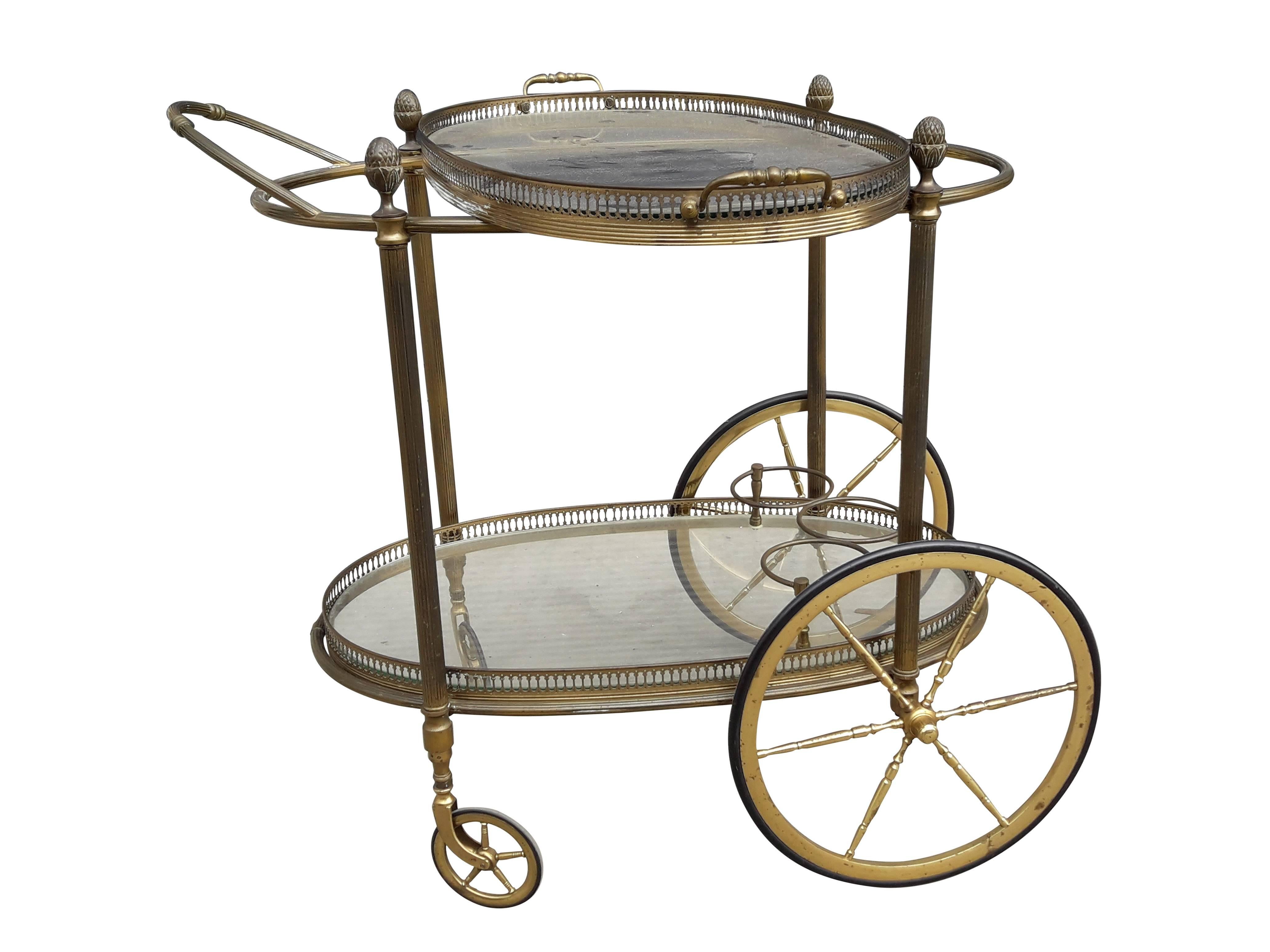 Mid-20th Century Decorative French Drinks Cart of Brass with Serving Tray Top For Sale