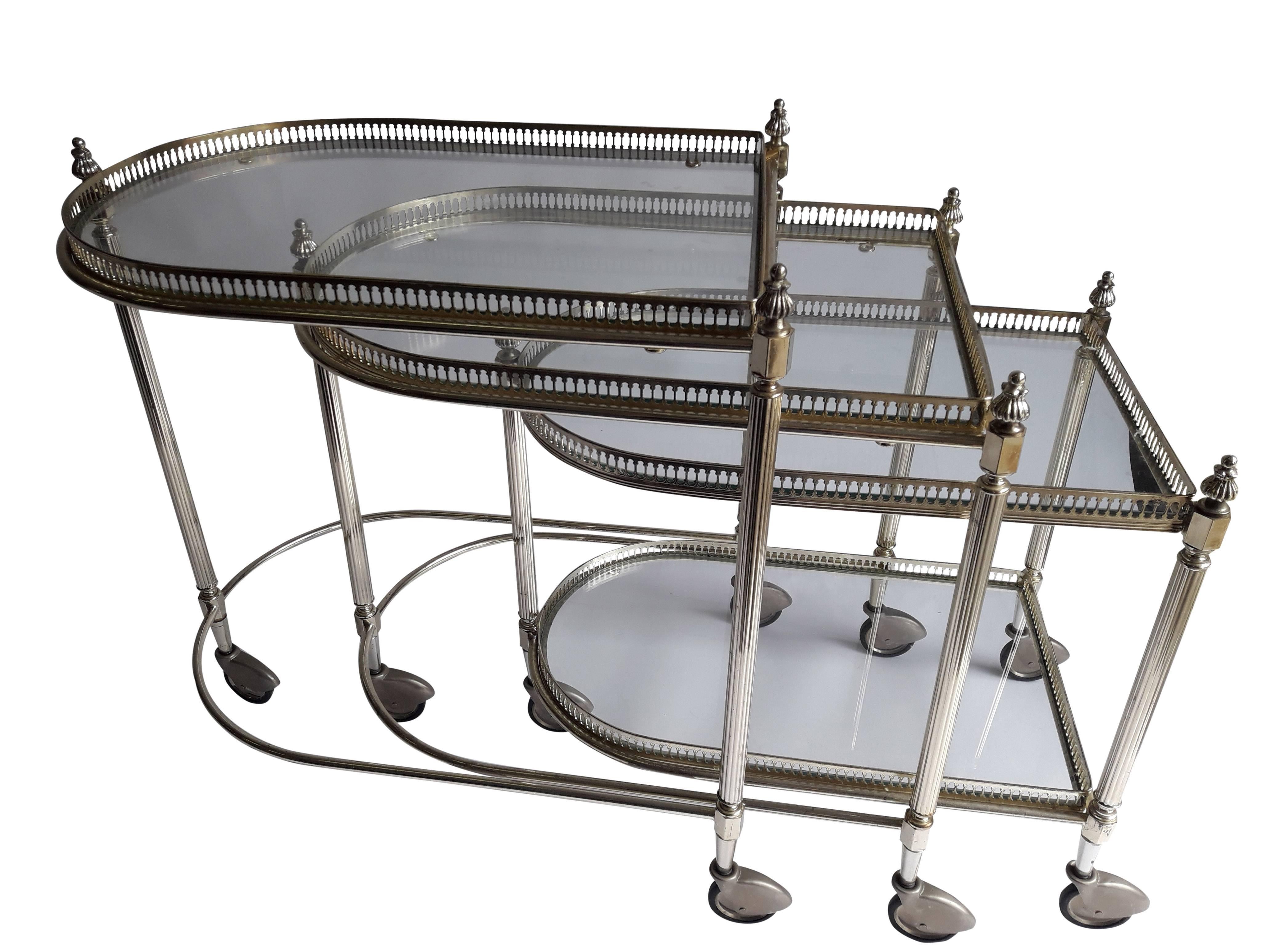 French Set of Three Chrome Nesting Tables in Maison Jansen Style, Mid-Century Modern For Sale