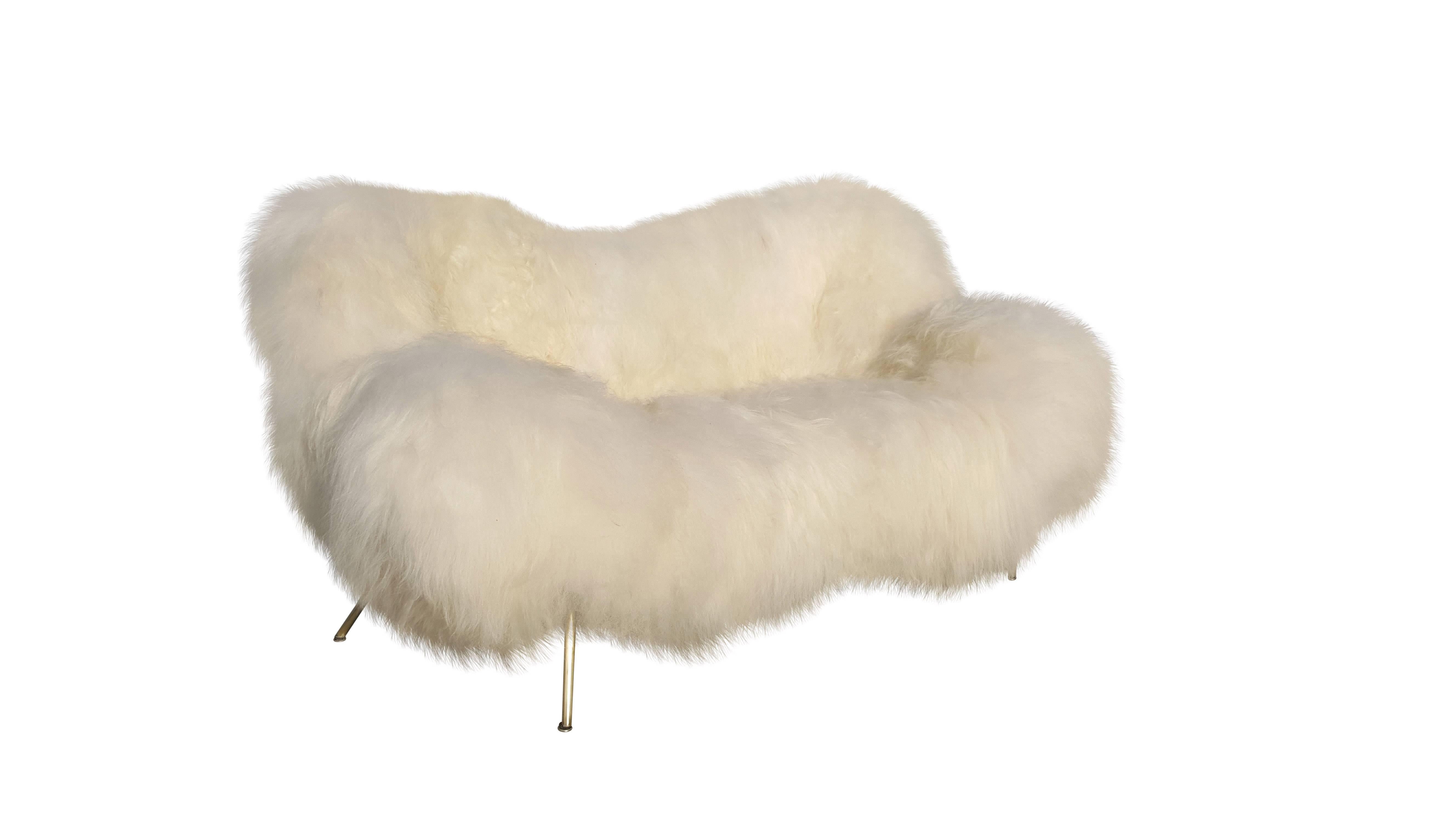 Brass Exclusive Re-Upholstered Fritz Neth Sofa, Nordlandic Sheep Fur For Sale