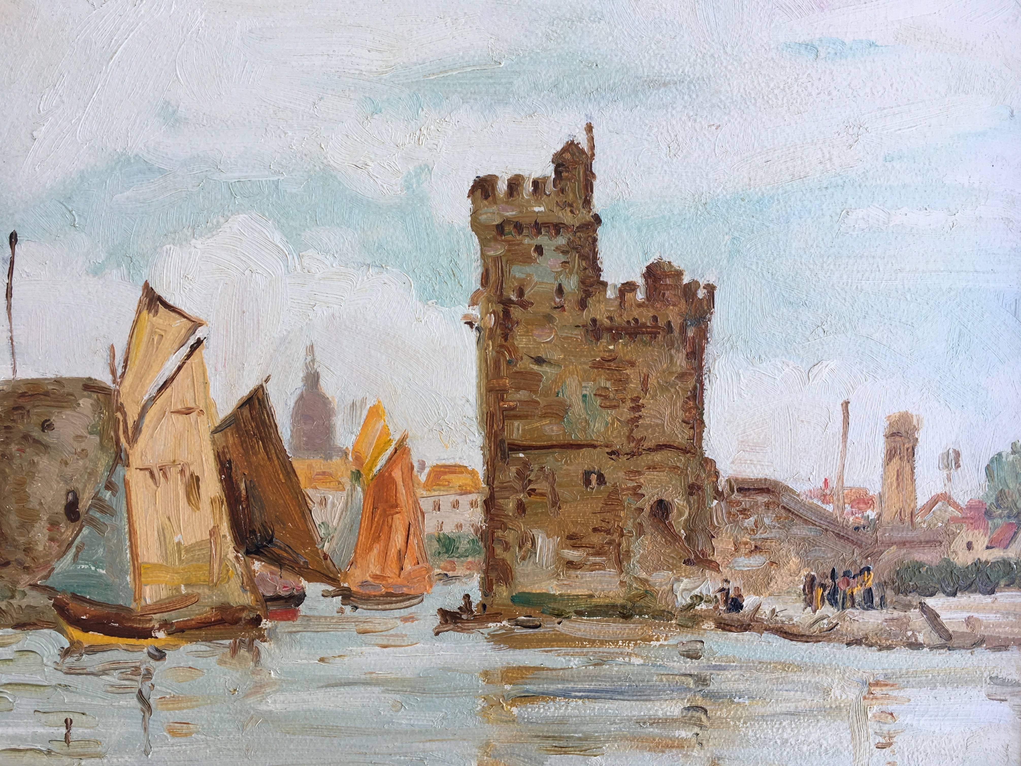 This charming painting oozes a breezy, carefree atmosphere of optimism. It depicts the Port of La Rochelle, France. 

We have found reference to a similar maritime scene of Venice, signed Dubois, dated 1936, sold in Paris by Millon auction house