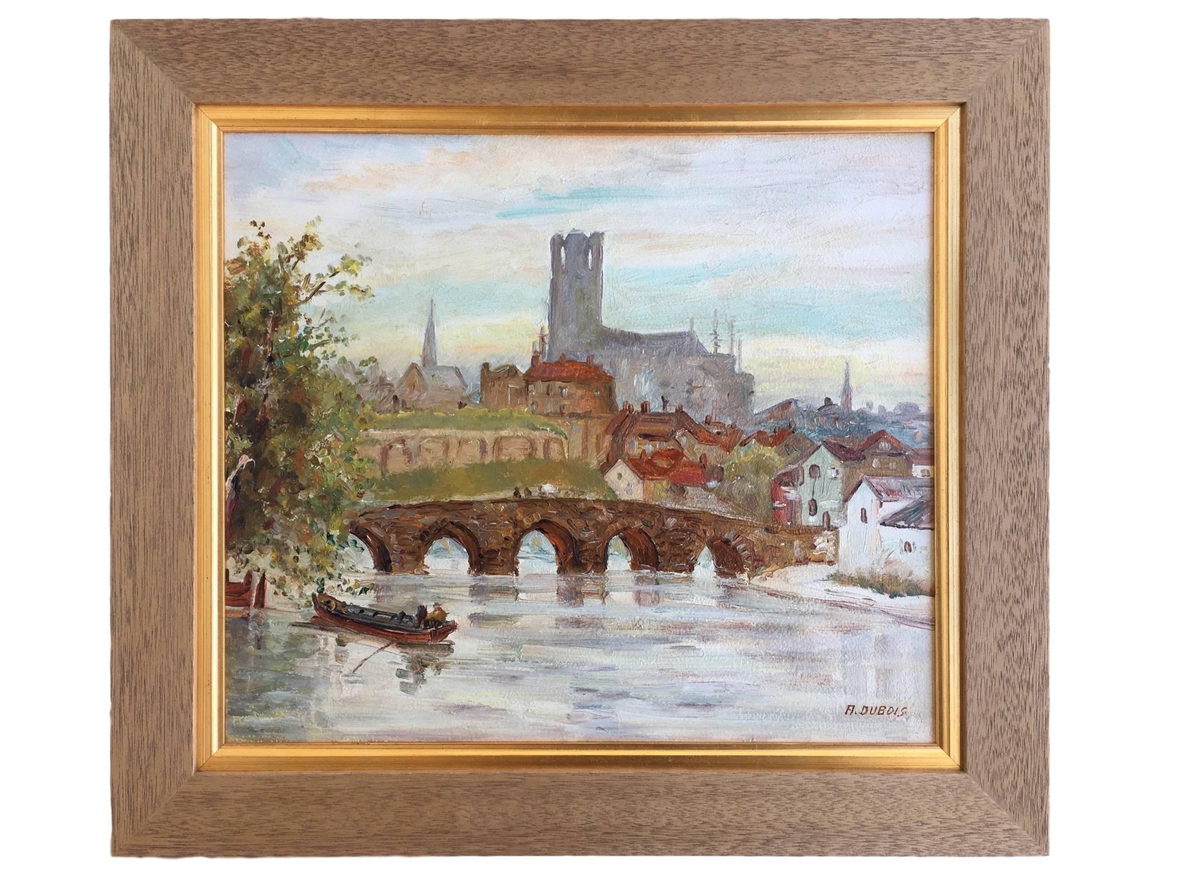 Mid-Century Modern Cathedral Town, Oil on Board, Signed Dubois, French, circa 1935
