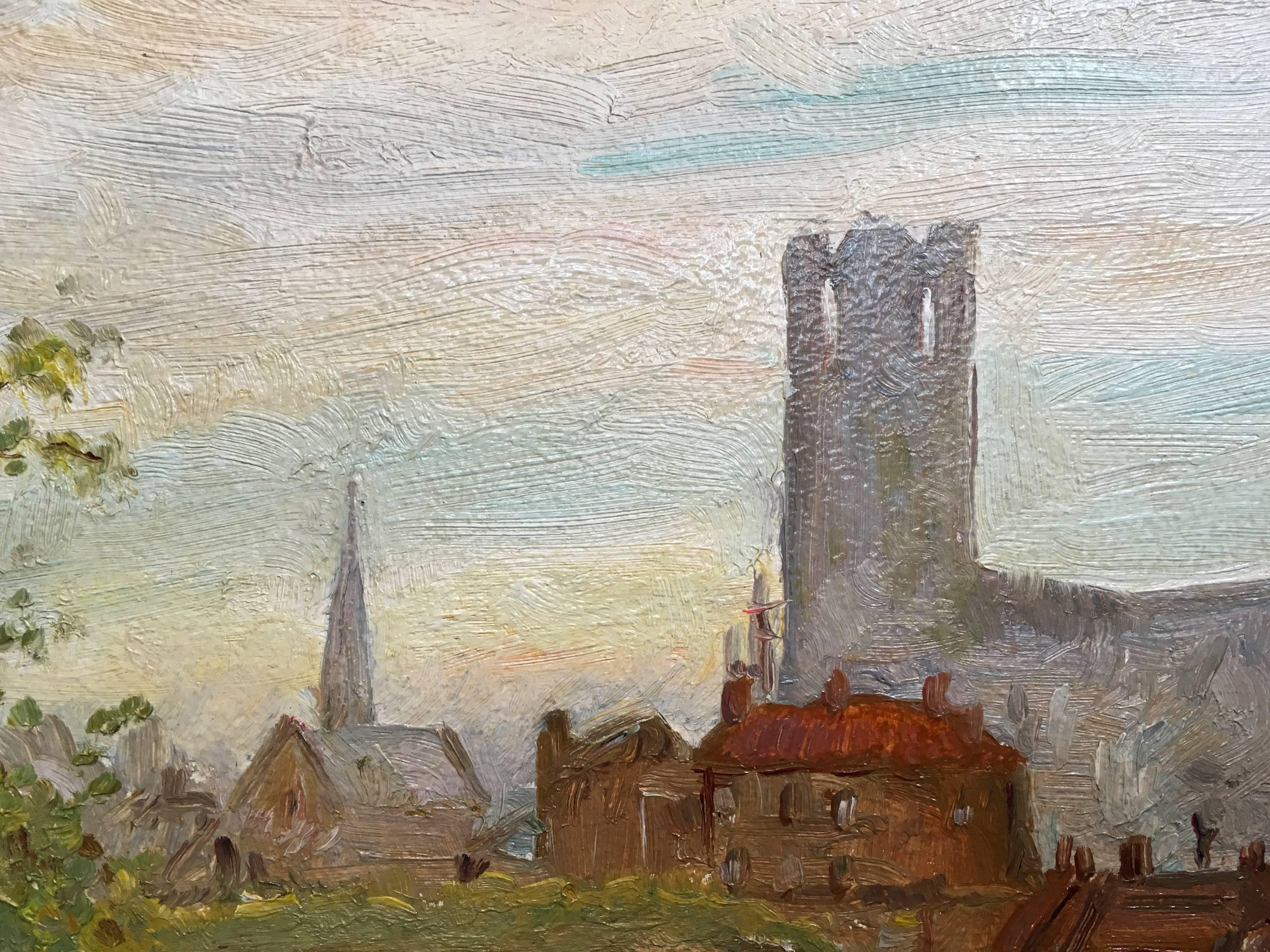We are not one hundred percent sure of the location of this charming painting. If not Moret-Sur-Loing, whose bridge and basilica were a popular subject, it is possibly an image of Worcester Cathedral - the only other cathedral we could find that