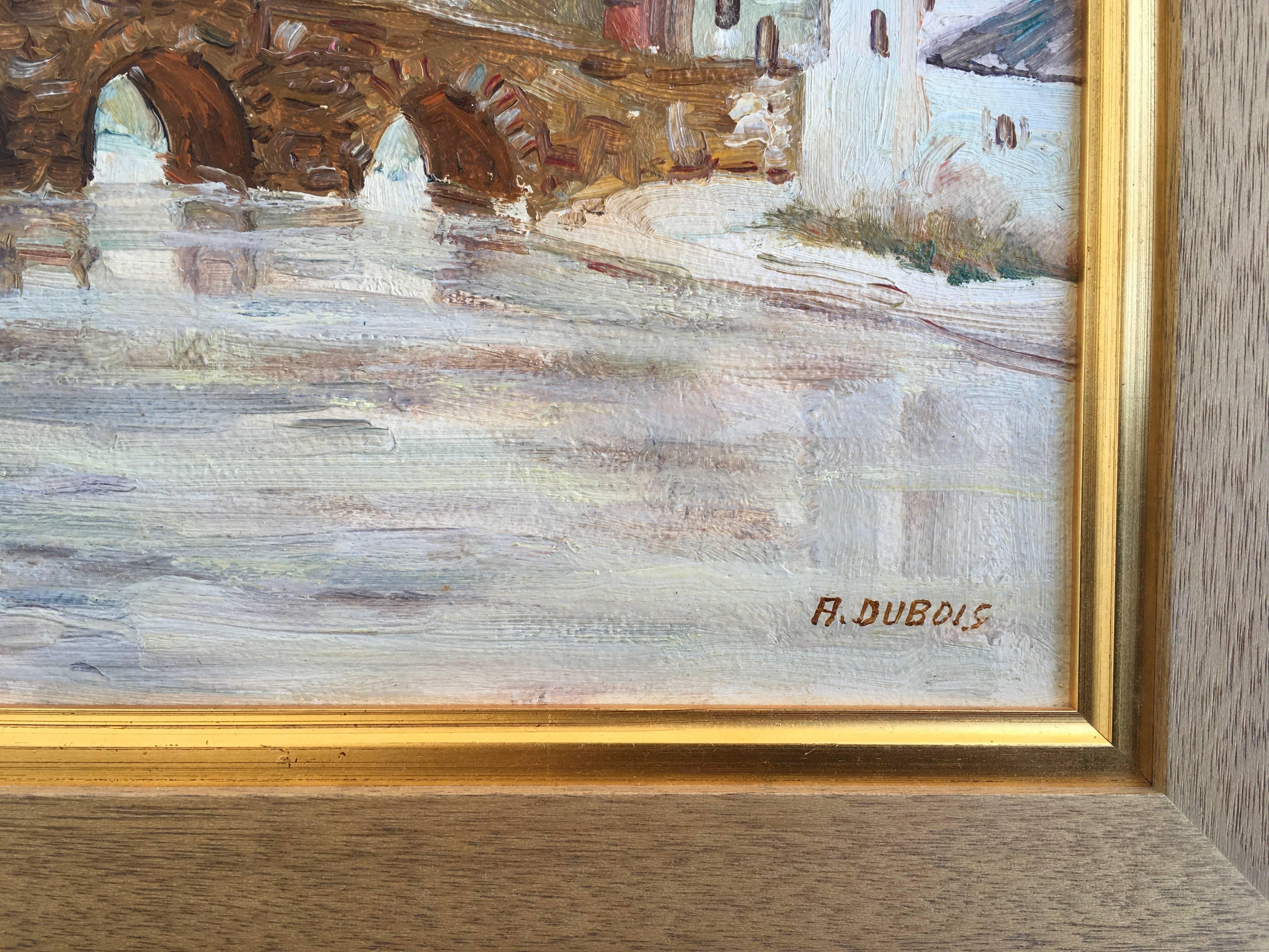 Cathedral Town, Oil on Board, Signed Dubois, French, circa 1935 In Good Condition In Melbourne, AU