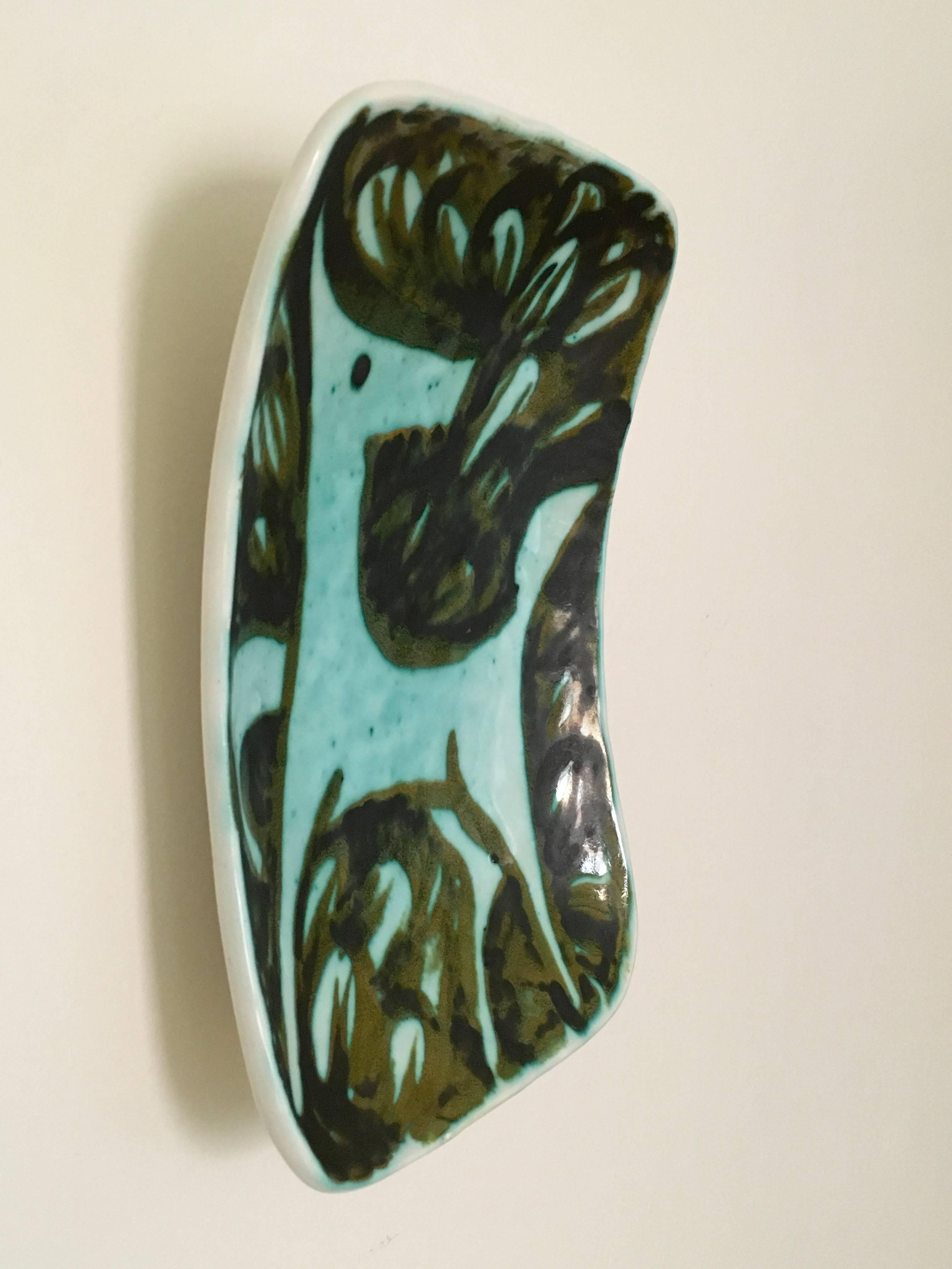 Glazed Signed Alessio Tasca Blue Green Wall Plate of Stylised Horse 1950s