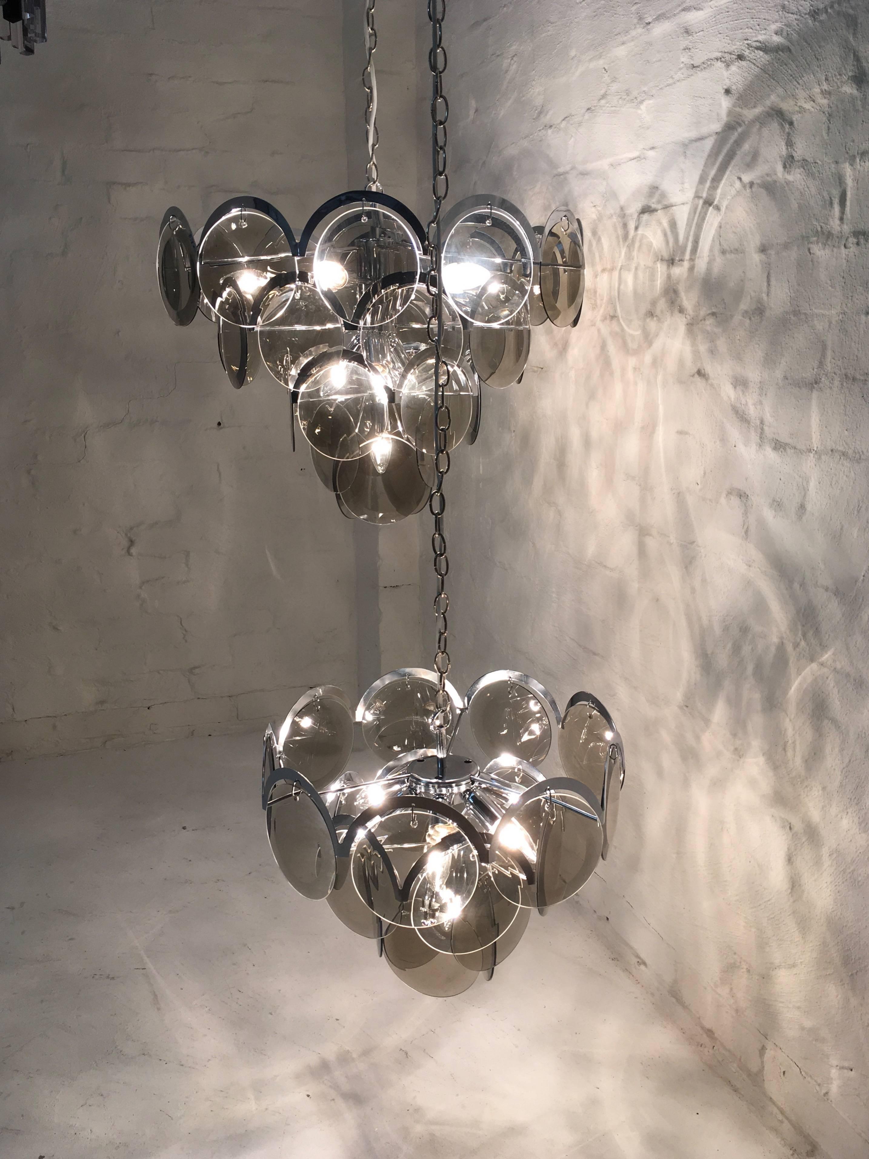 Late 20th Century Vistosi Four-tier Chrome and Smoke Glass Disc Chandelier Italy 1970s