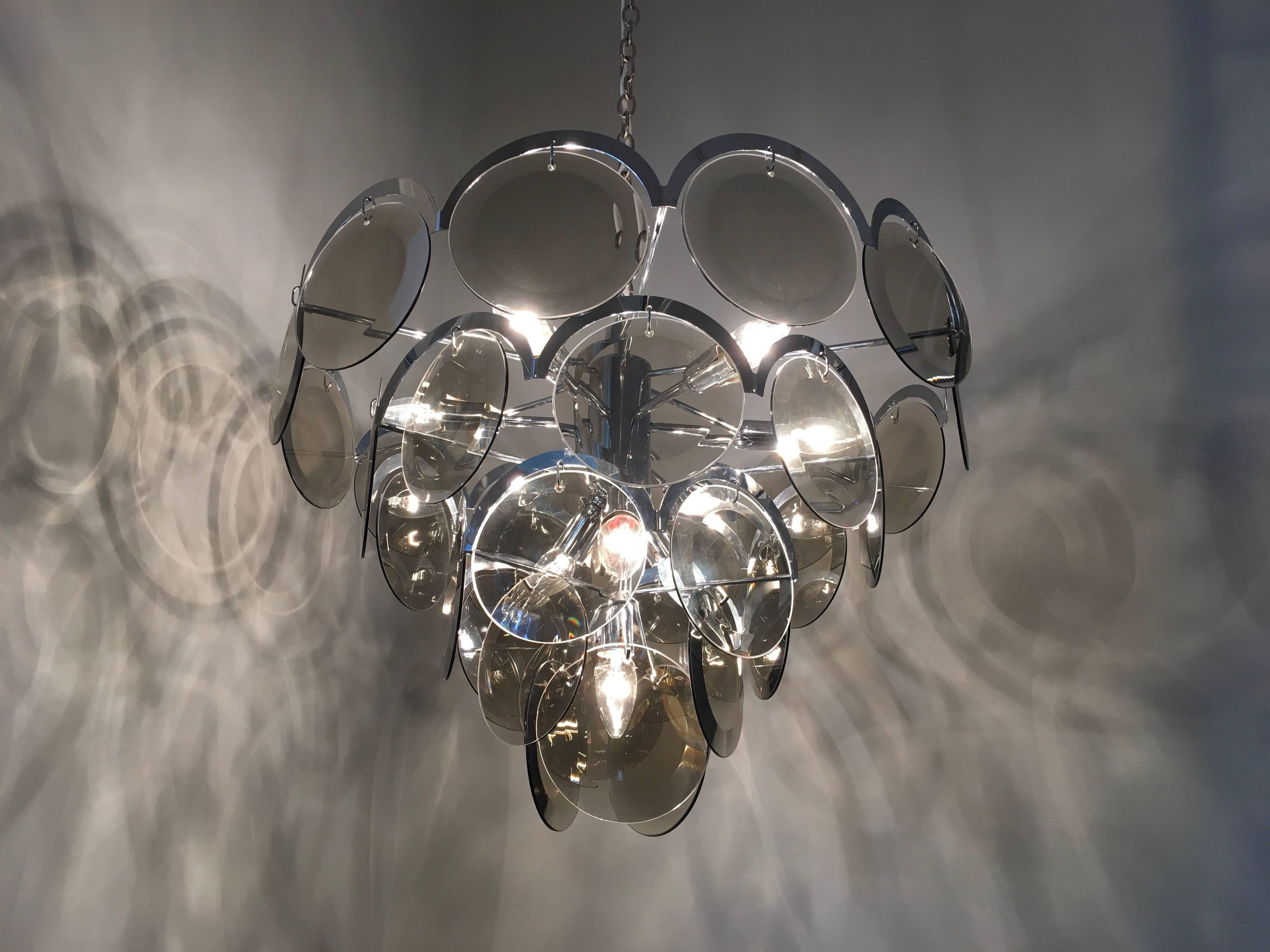 Vistosi Five-Tier Chrome and Smoke Glass Disc Chandelier, Italy, 1970s In Good Condition In Melbourne, AU