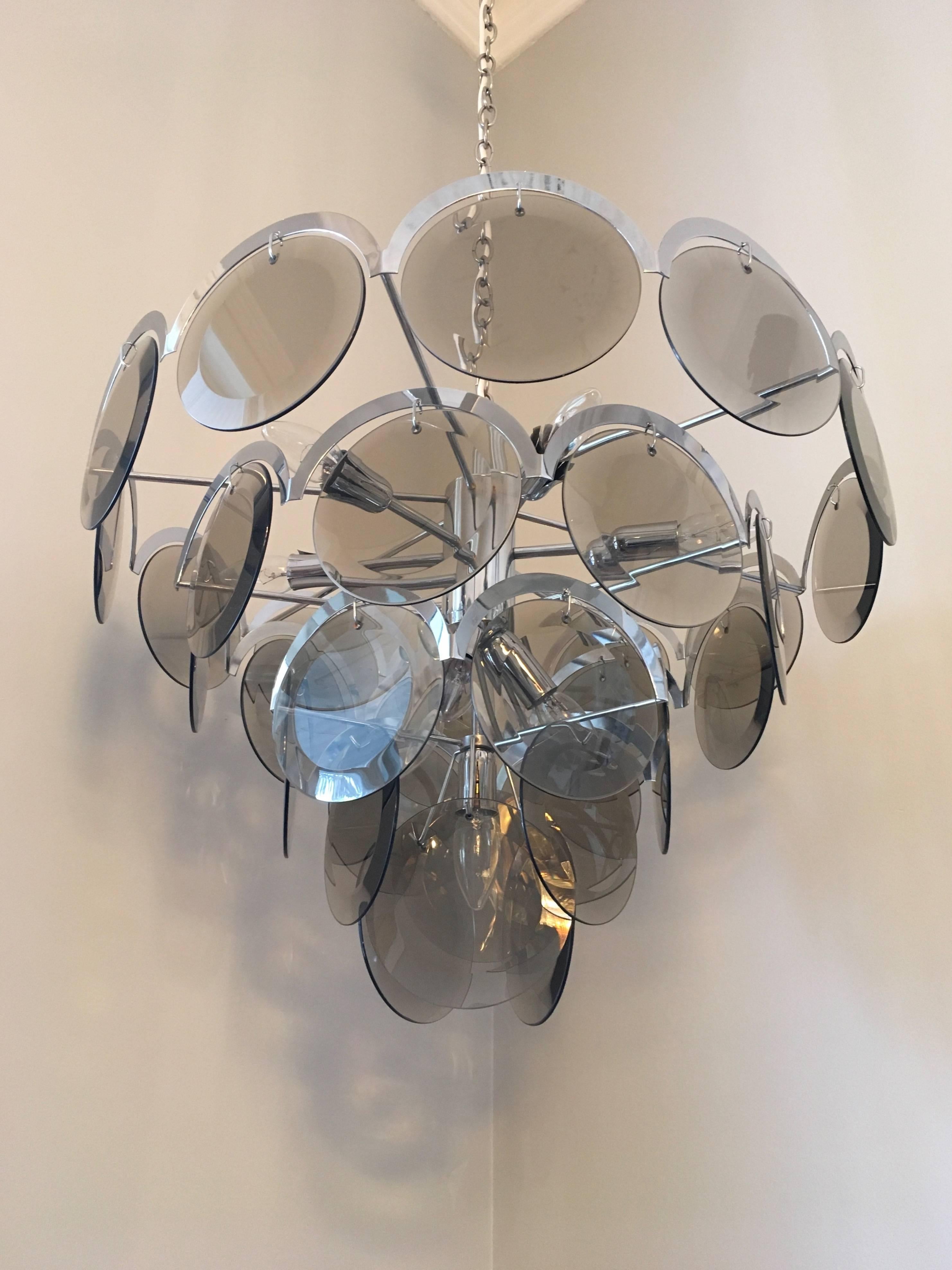 Late 20th Century Vistosi Five-Tier Chrome and Smoke Glass Disc Chandelier, Italy, 1970s