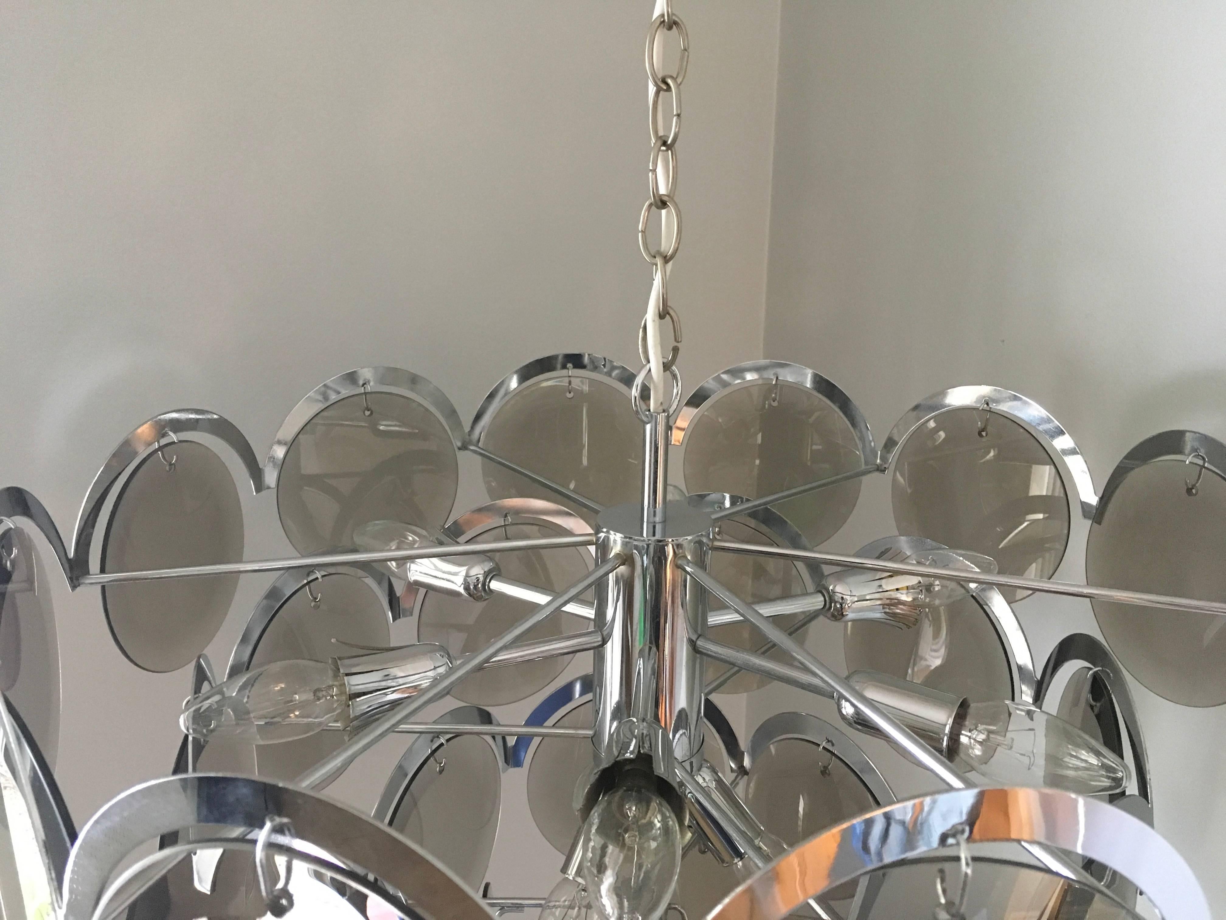 Vistosi Five-Tier Chrome and Smoke Glass Disc Chandelier, Italy, 1970s 1