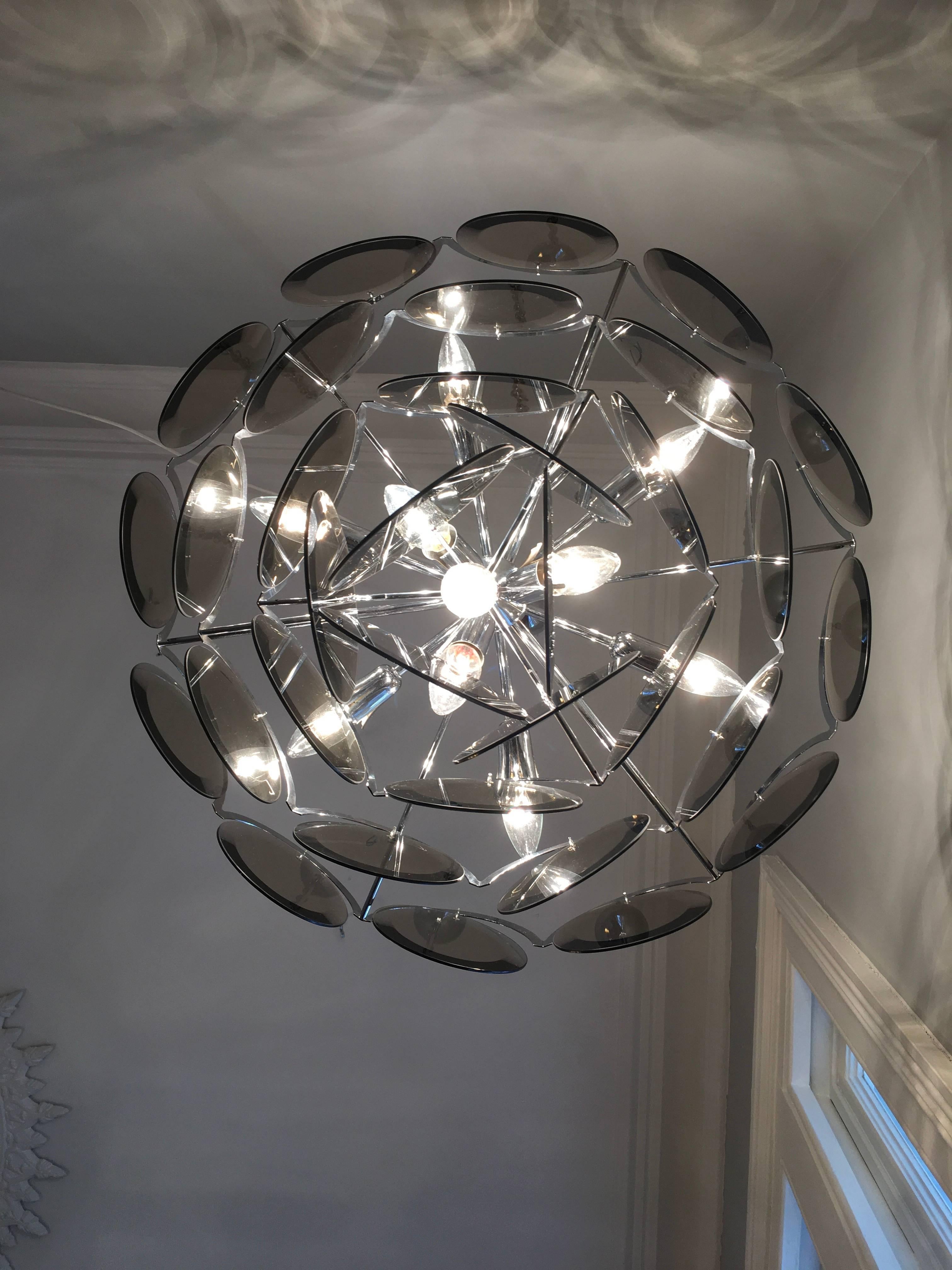 Cut Glass Vistosi Five-Tier Chrome and Smoke Glass Disc Chandelier, Italy, 1970s