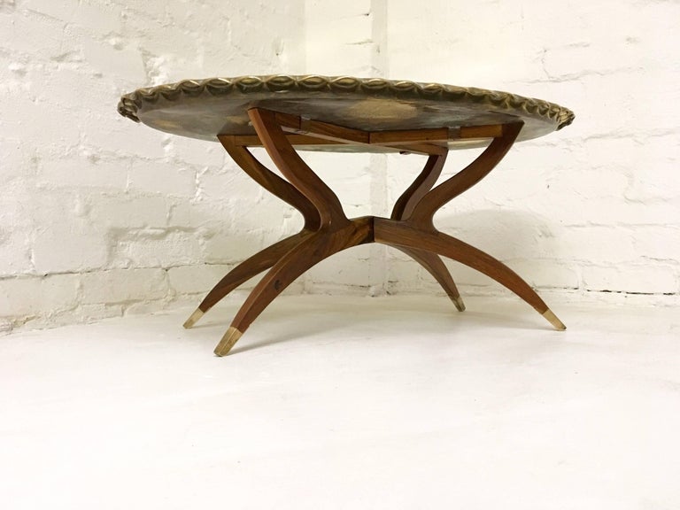 Large Oval Vintage Brass Tray Coffee Table on MidCentury Folding Base
