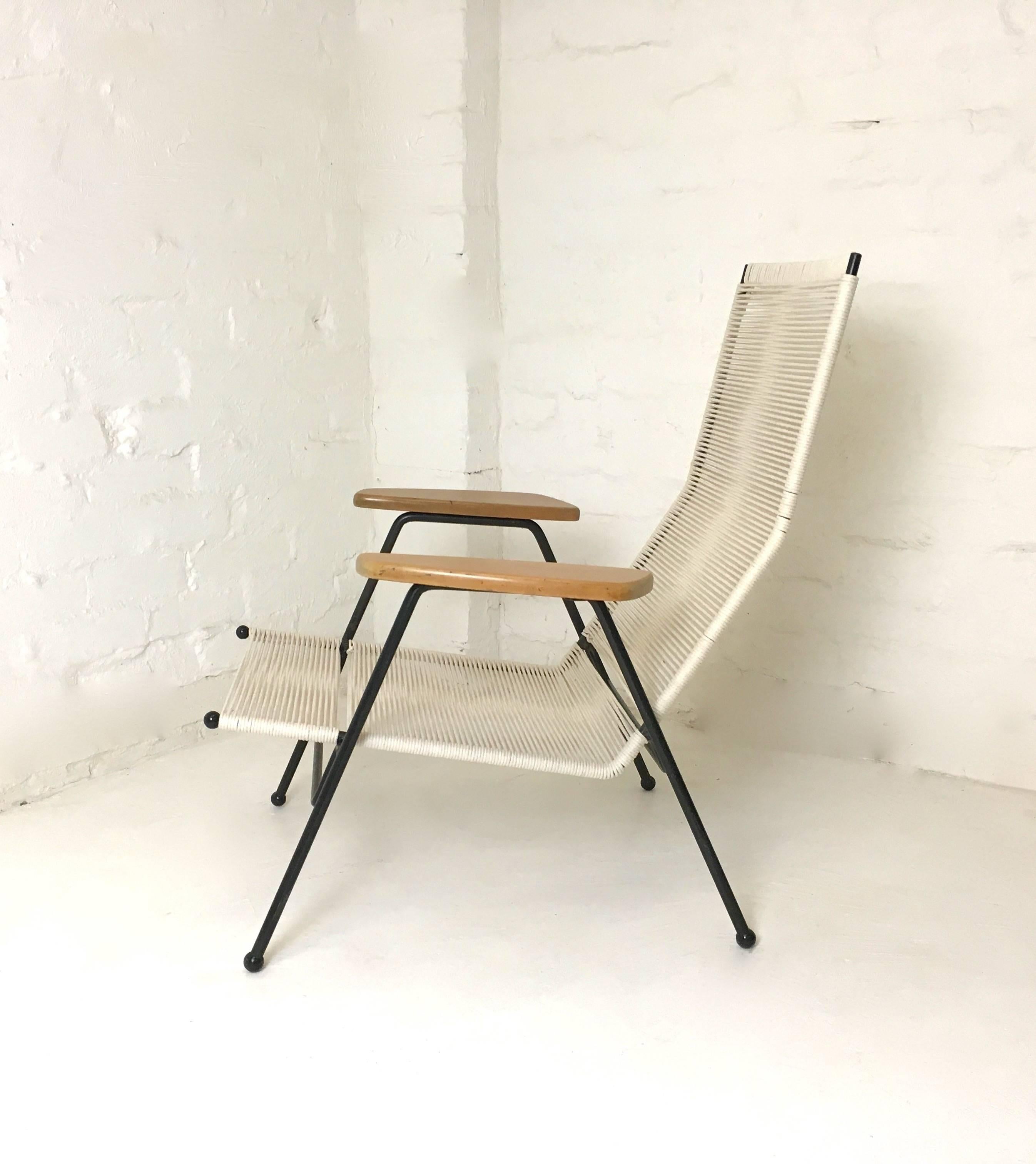 This beautifully built steel rod chair is a rare design by Bernard Goss for Pandar Furniture. Advertised as the 'Calypso' chair, it suggests warm breezes and relaxation both in shape and in name. 

It was originally available in an upholstered