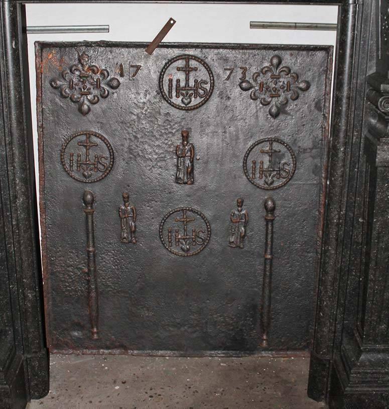 French Antique Fireback and Firedogs from 1773
