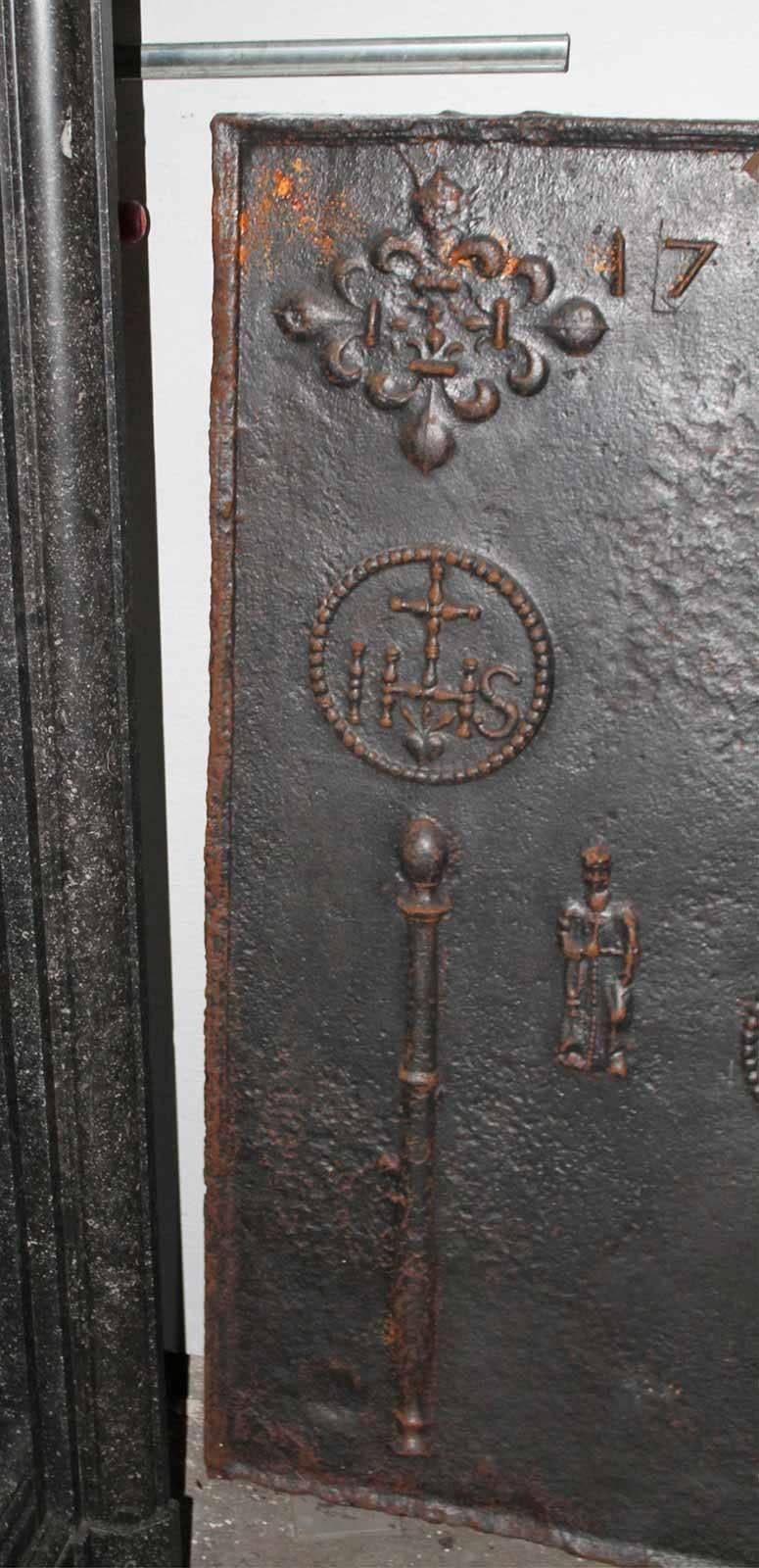 Late 18th Century Antique Fireback and Firedogs from 1773