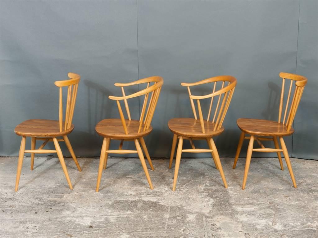 Mid-Century Modern Two Ercol Cowhorn Armchairs, Two Spindle Back Chairs