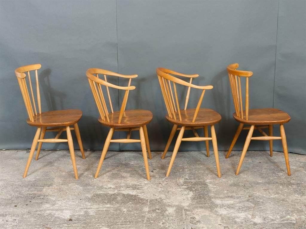 English Two Ercol Cowhorn Armchairs, Two Spindle Back Chairs