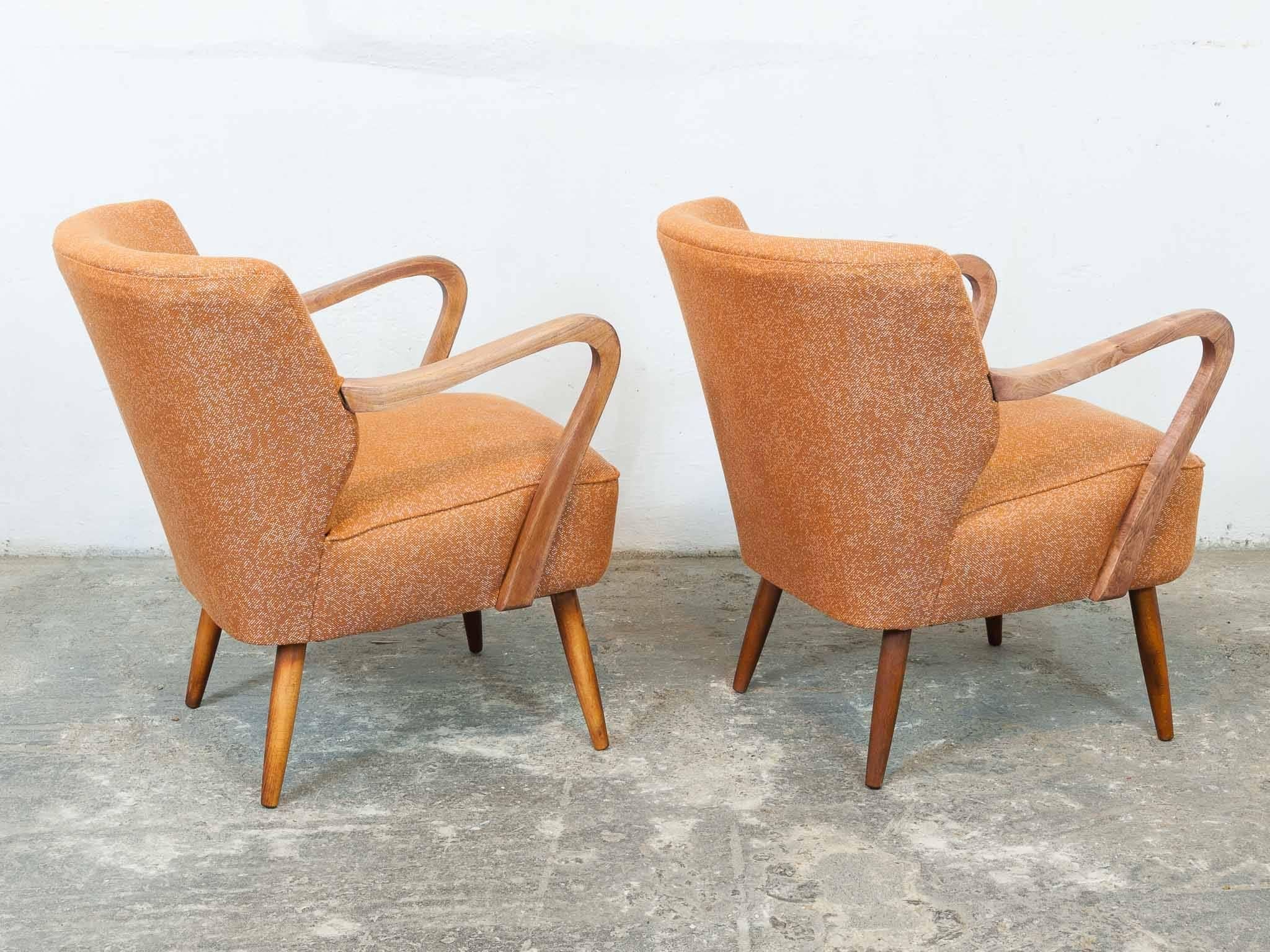 French Pair of 1940s Vintage Midcentury Cocktail Chairs in Astro Orange Fabric