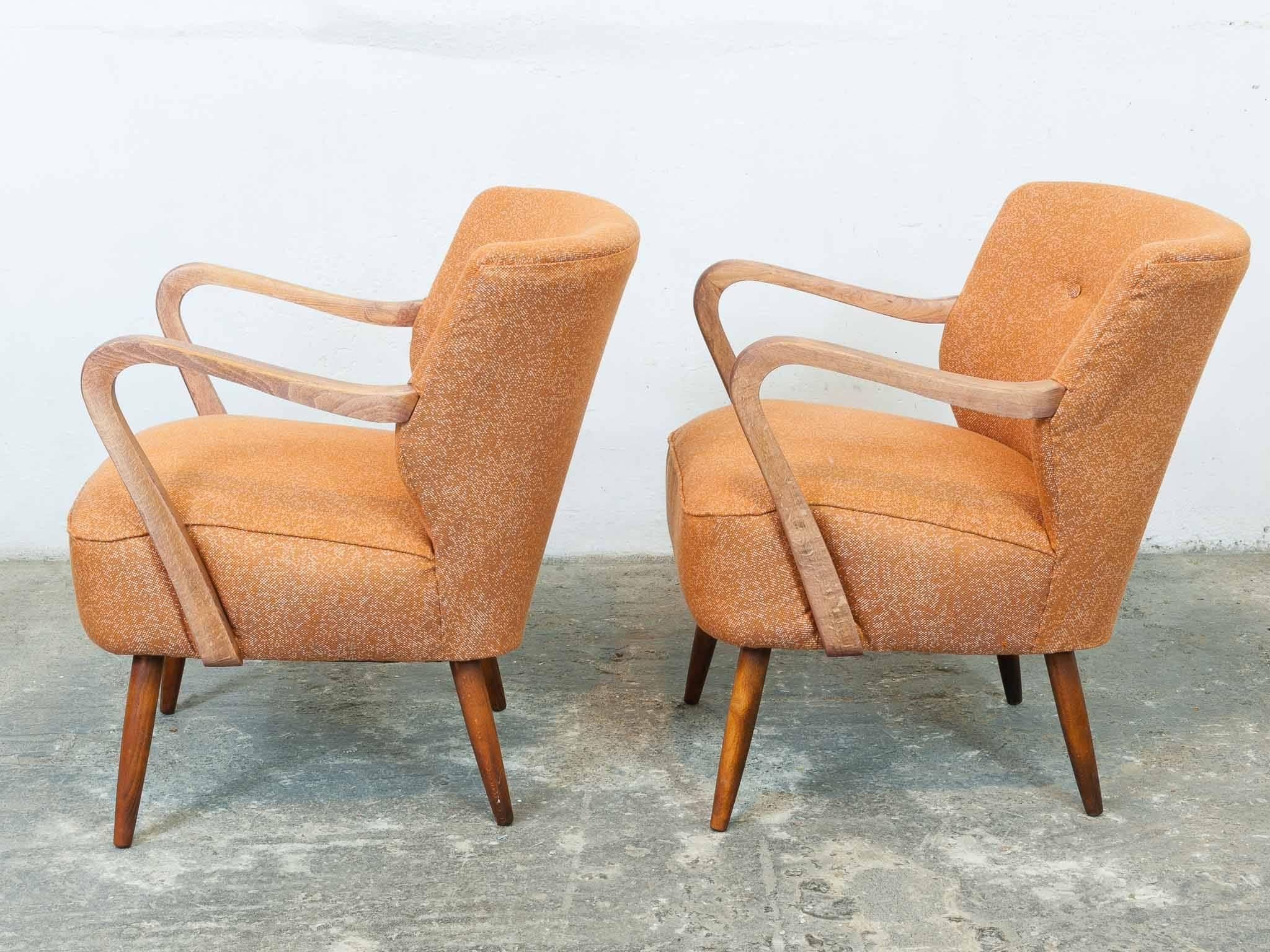 20th Century Pair of 1940s Vintage Midcentury Cocktail Chairs in Astro Orange Fabric