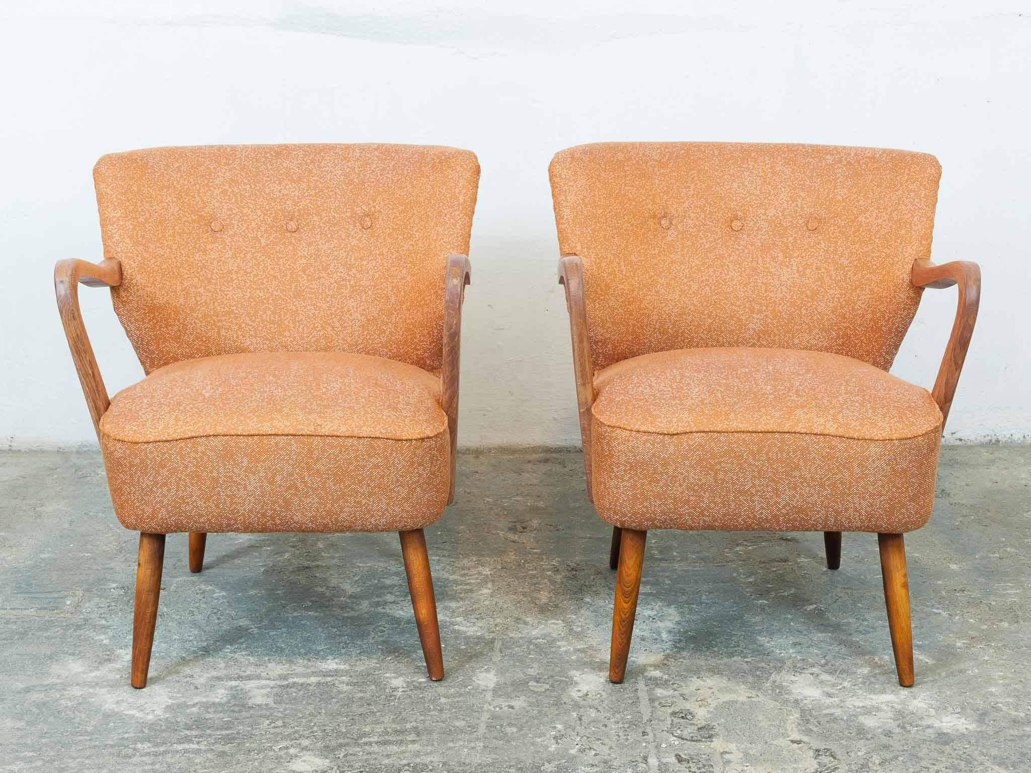 Teak Pair of 1940s Vintage Midcentury Cocktail Chairs in Astro Orange Fabric