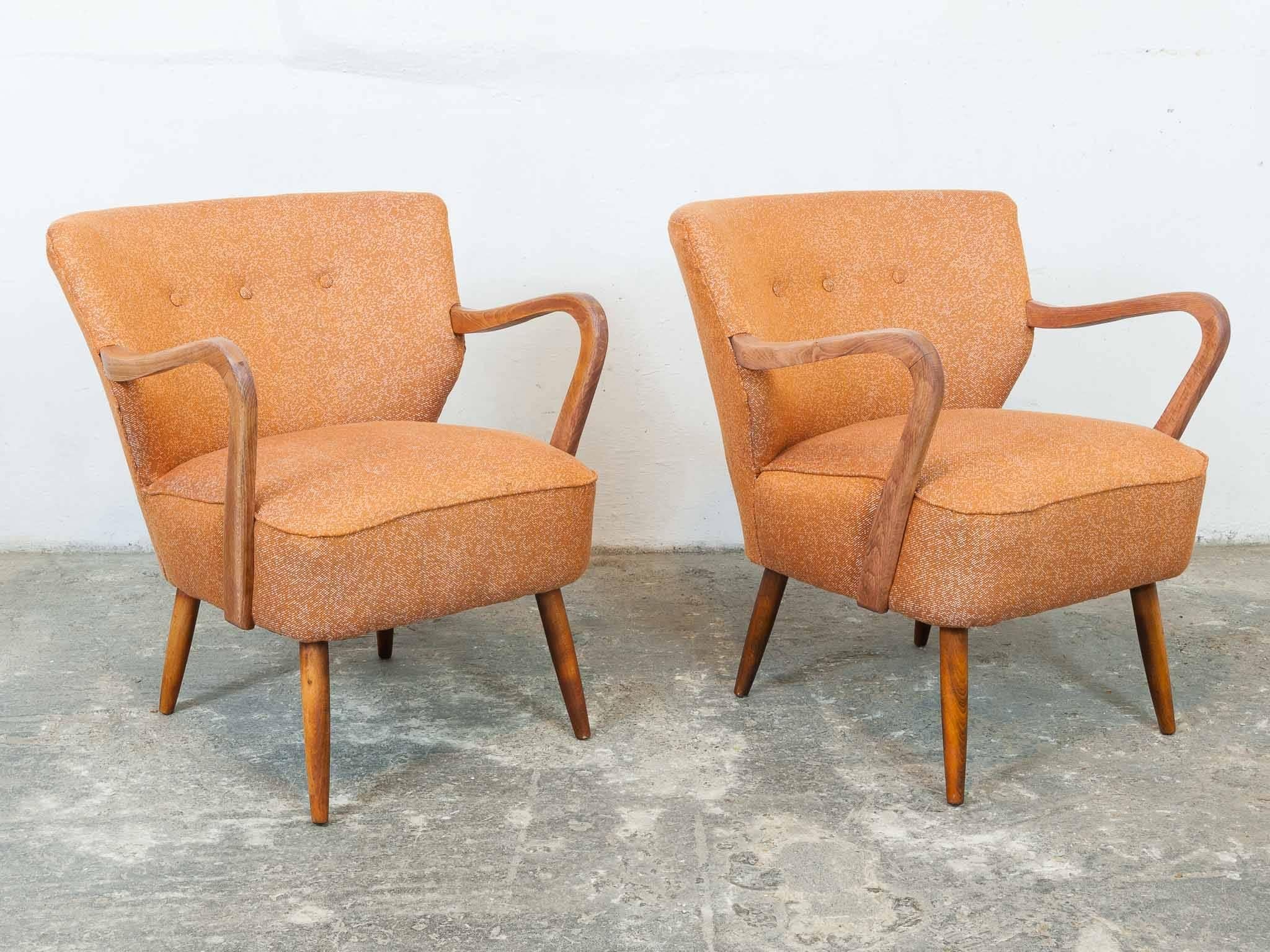 Pair of 1940s Vintage Midcentury Cocktail Chairs in Astro Orange Fabric 1