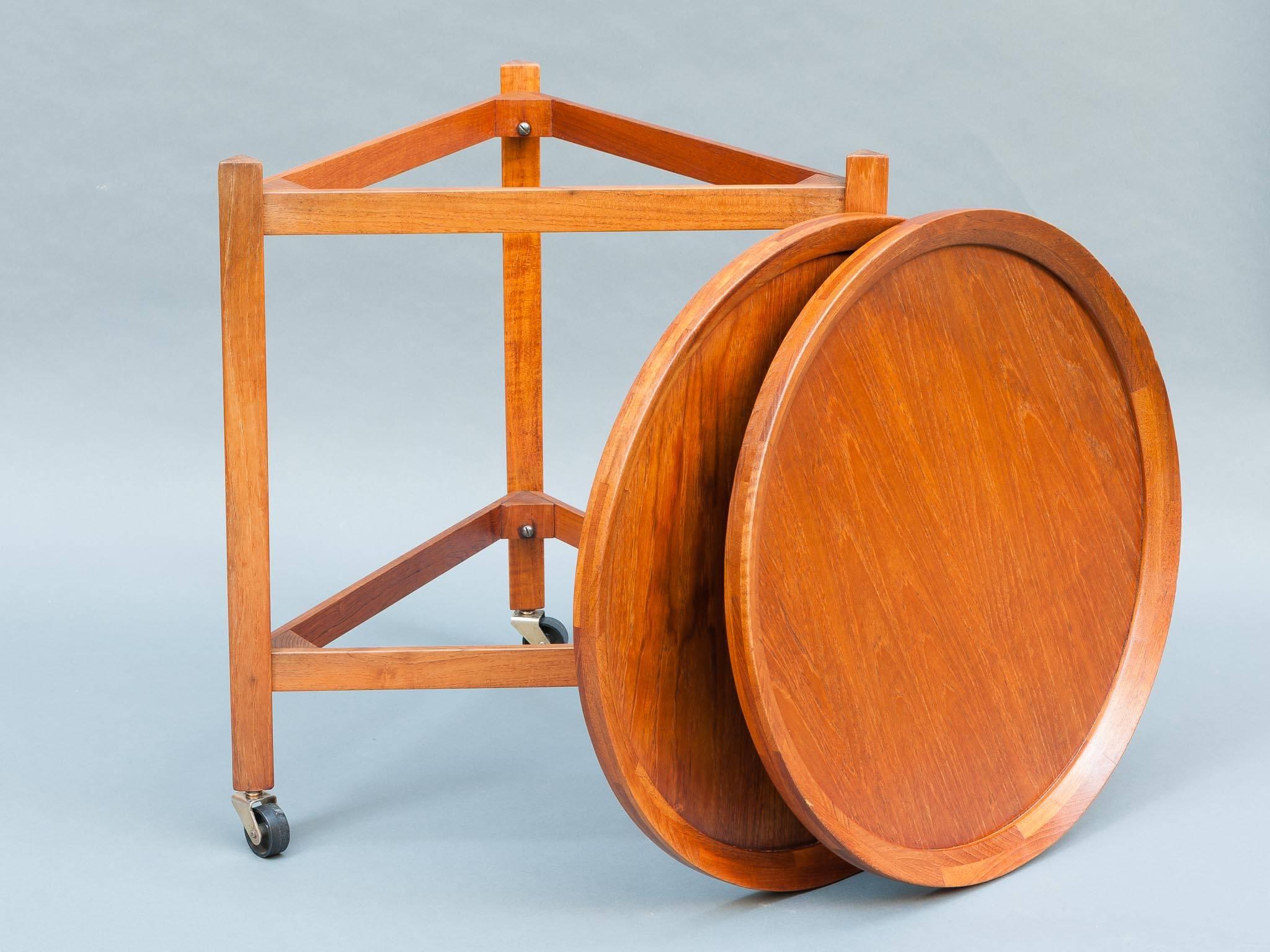 Mid-Century Modern 1960s Sika Møbler Midcentury Teak Round Serving Trolley Cart Inc. Two Trays 