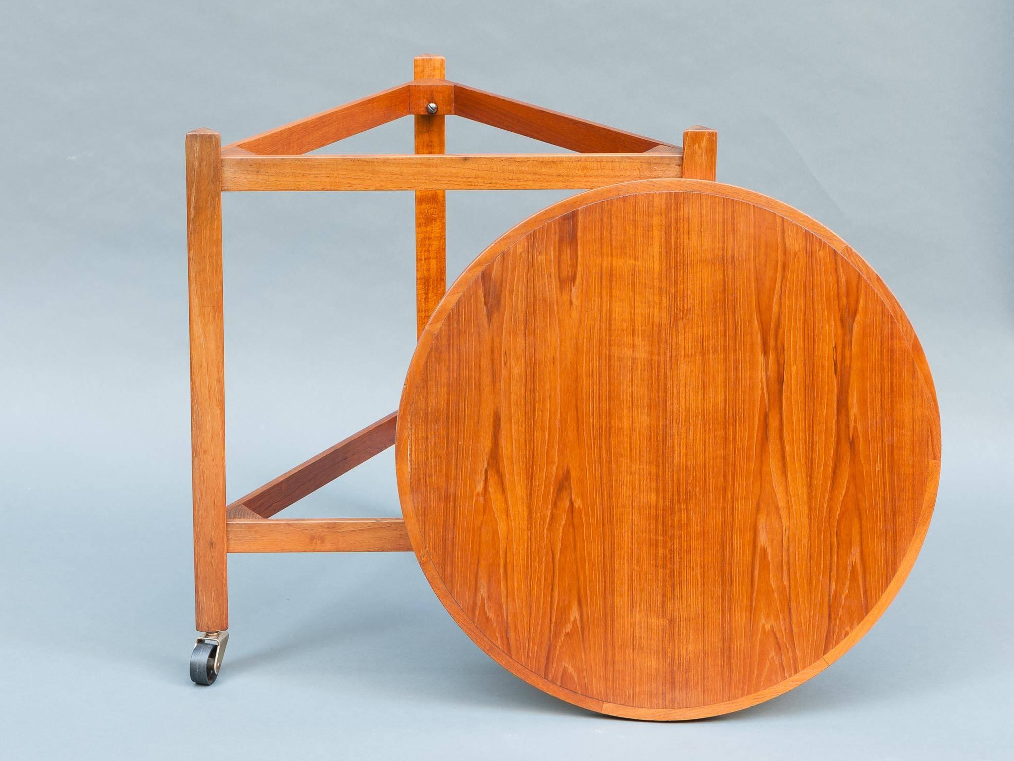 Danish 1960s Sika Møbler Midcentury Teak Round Serving Trolley Cart Inc. Two Trays 