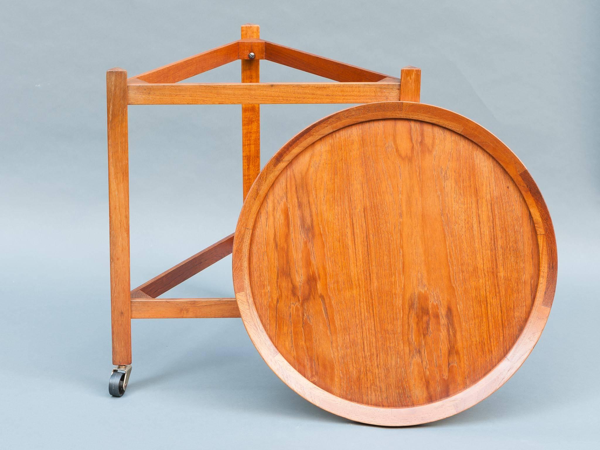 1960s Sika Møbler Midcentury Teak Round Serving Trolley Cart Inc. Two Trays  1