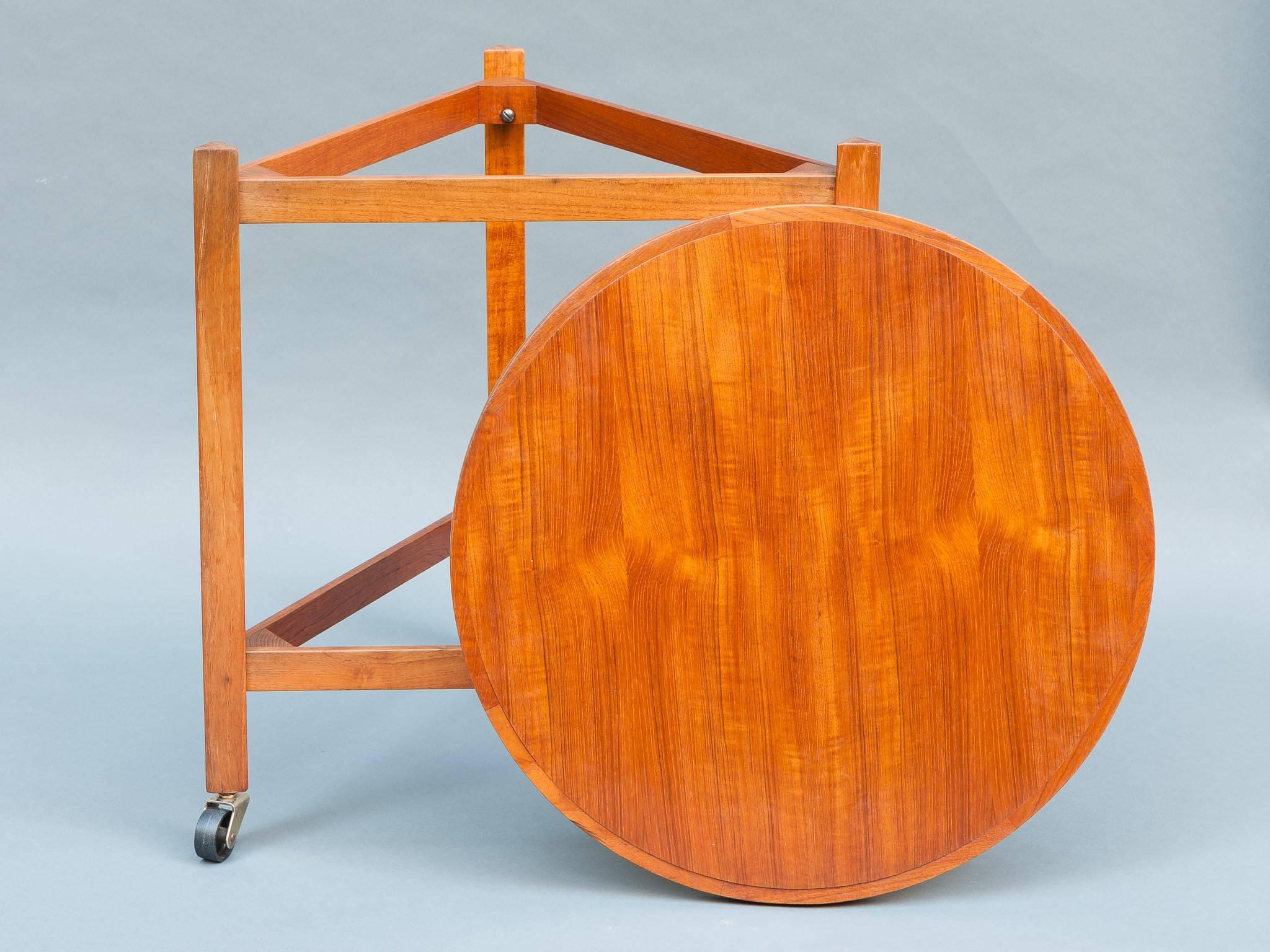 1960s Sika Møbler Midcentury Teak Round Serving Trolley Cart Inc. Two Trays  2