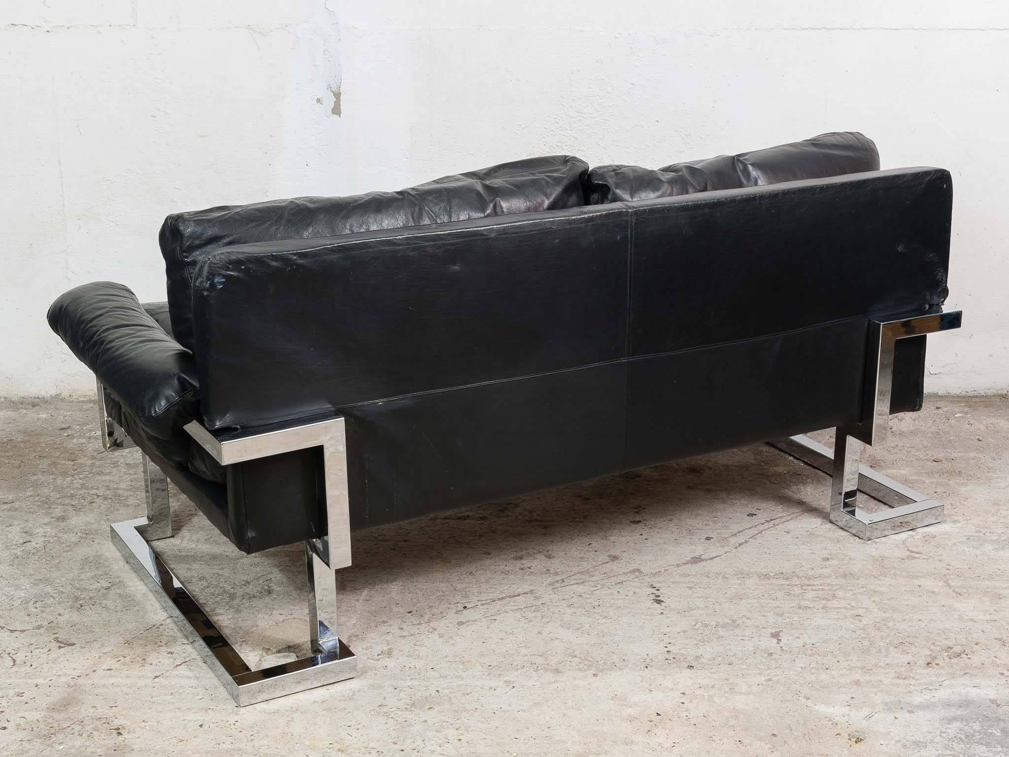 Mid-Century Modern 1970s Pieff Midcentury Mandarin Sofa in Chrome and Black Leather by Ted Bates