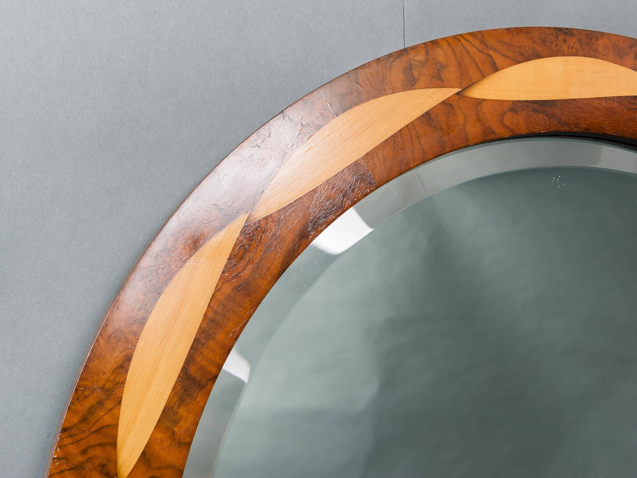Modern Toby Winteringham 'Plexus' Round Inlaid Bevelled Mirror Sycamore on Rosewood