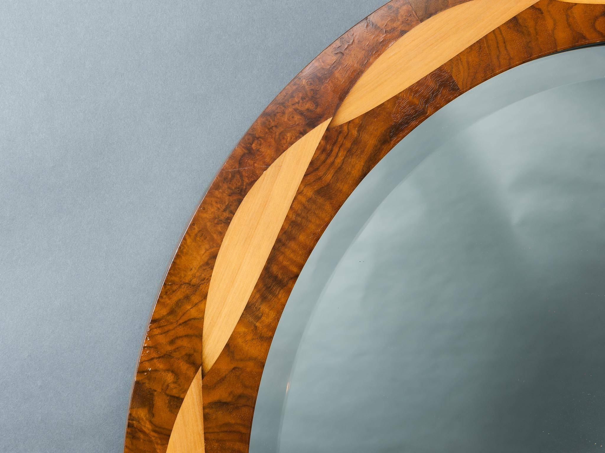 British Toby Winteringham 'Plexus' Round Inlaid Bevelled Mirror Sycamore on Rosewood