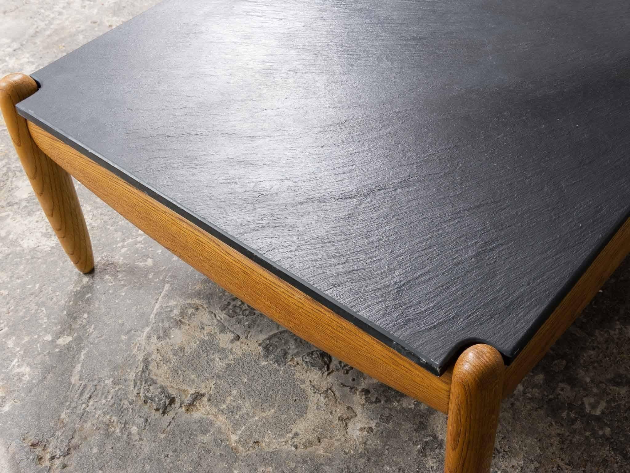 Mid-Century Modern 1960s German Straub Rift Solid Oak Coffee Table with a Textured Slate Top