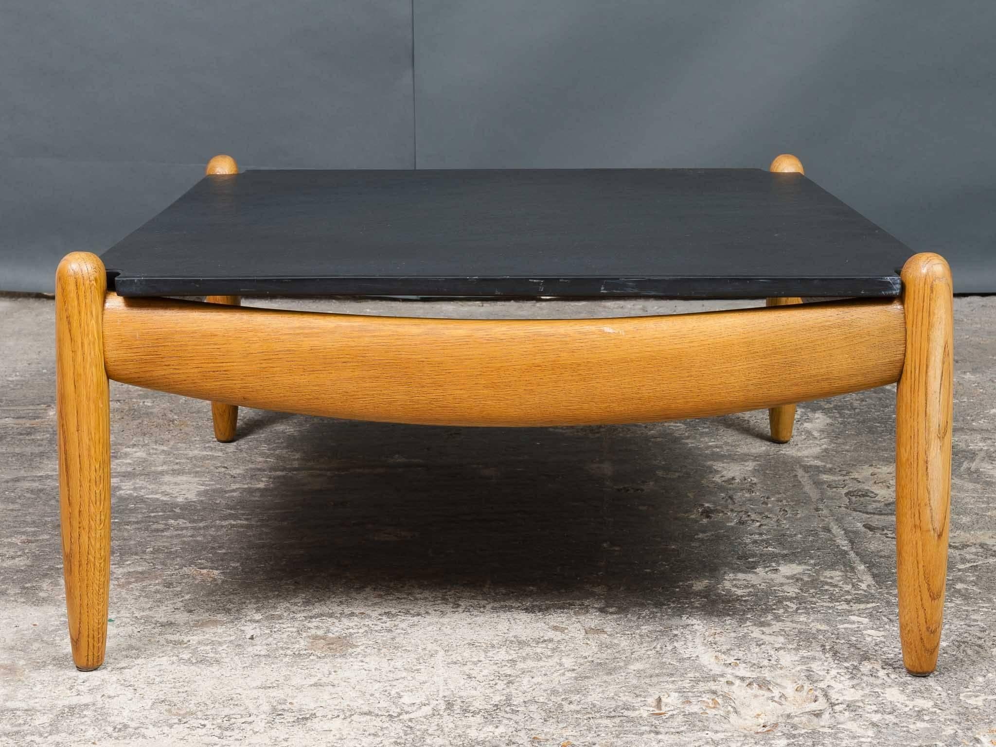 1960s German Straub Rift Solid Oak Coffee Table with a Textured Slate Top 2
