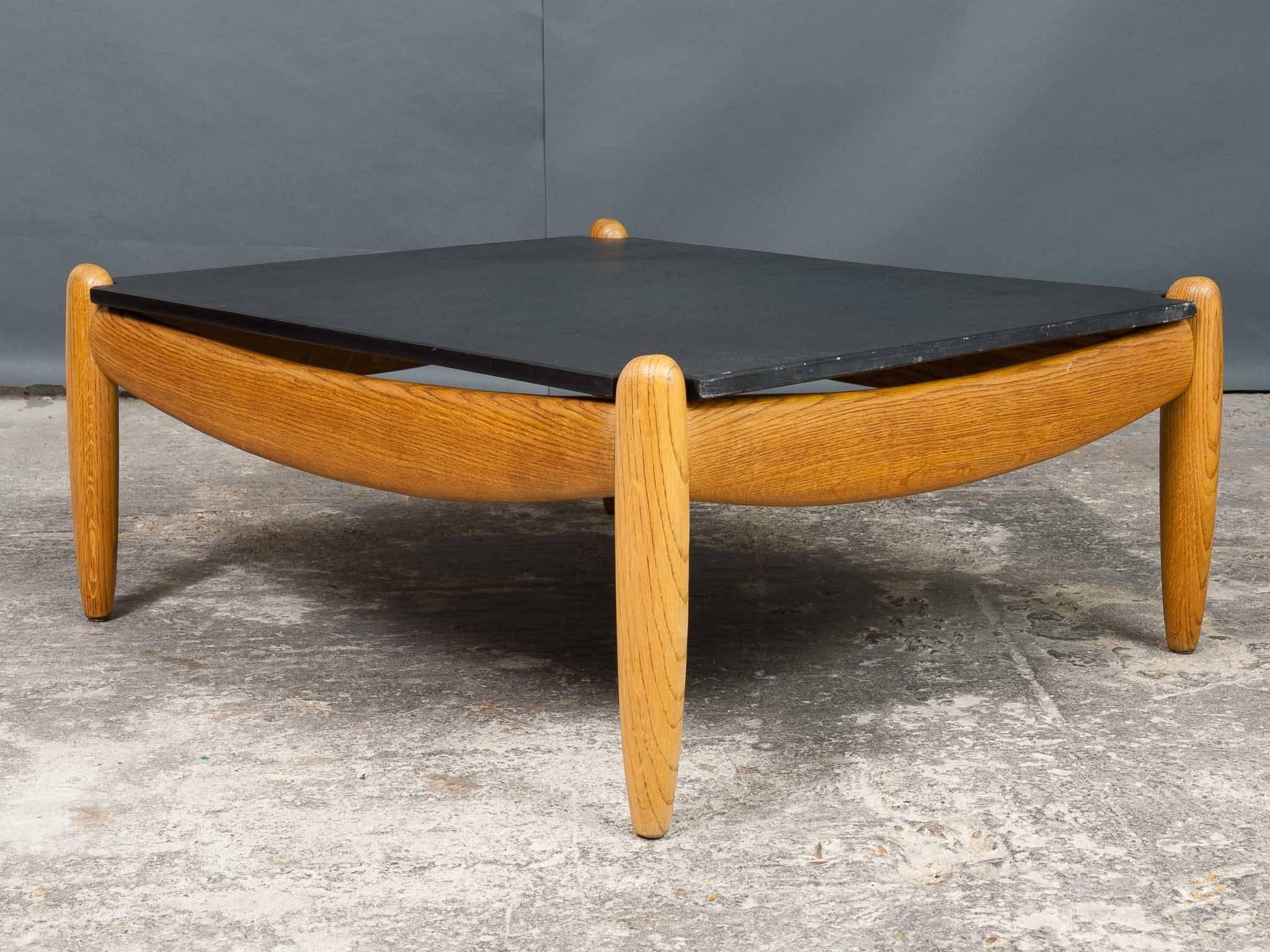 1960s German Straub Rift Solid Oak Coffee Table with a Textured Slate Top 3