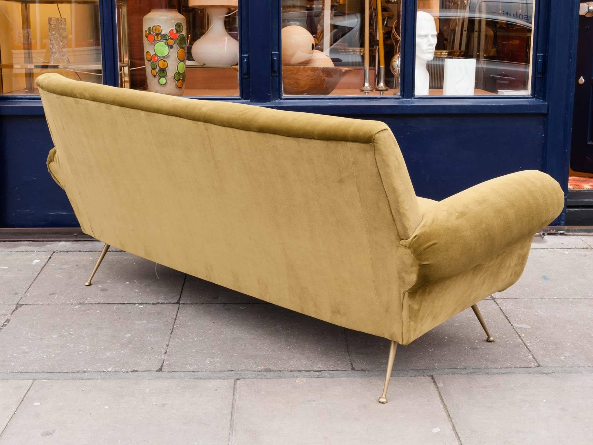 Mid-Century Modern 1950s Midcentury Italian Moss Green Velvet Sofa with Feature Brass Legs