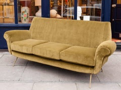 1950s Midcentury Italian Moss Green Velvet Sofa with Feature Brass Legs