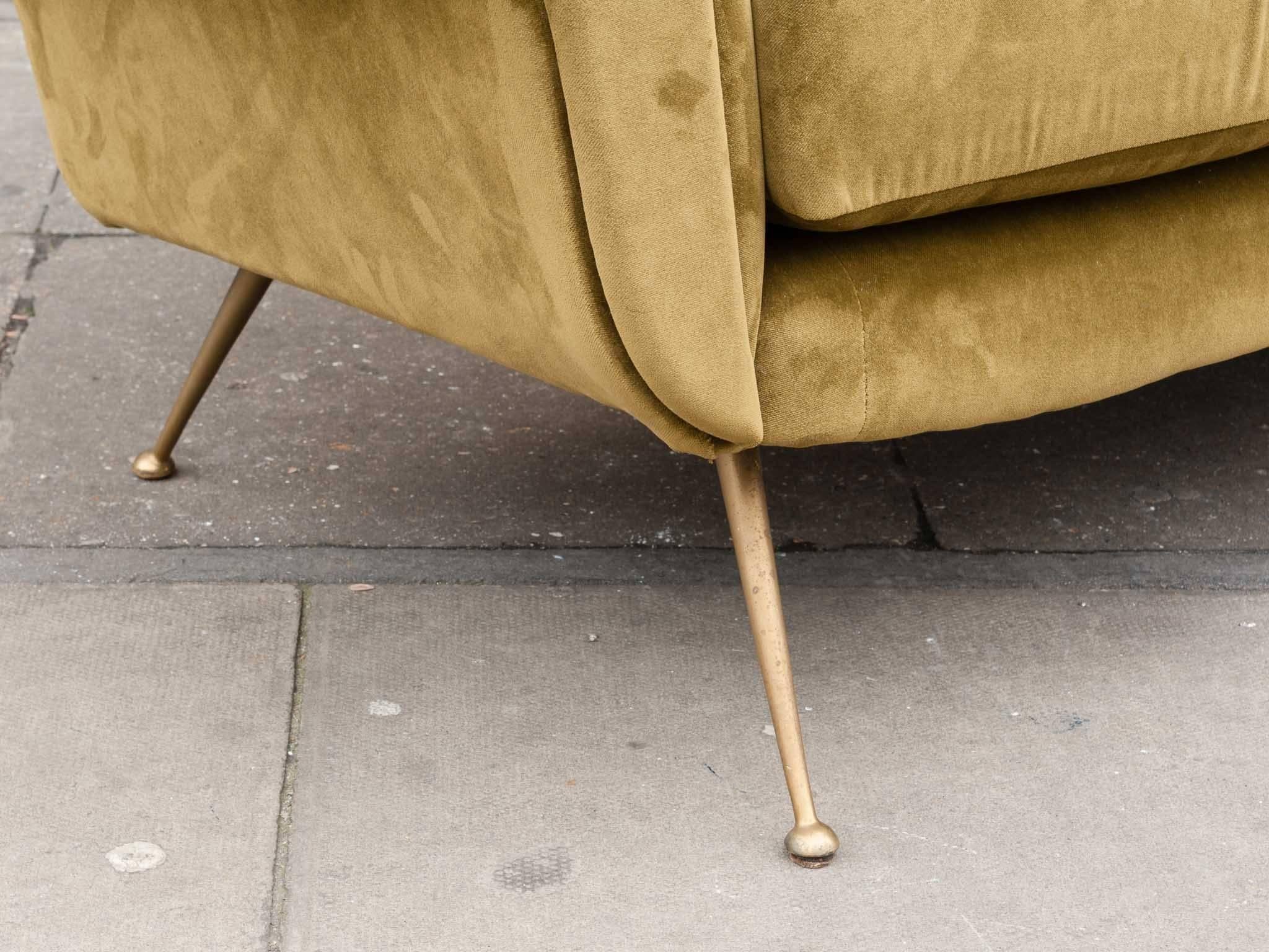 1950s Midcentury Italian Moss Green Velvet Sofa with Feature Brass Legs 2