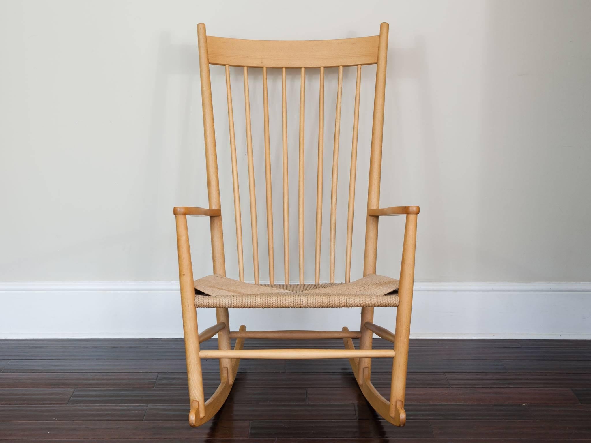 The J16 rocking chair is a timeless Classic designed by Hans J. Wegner and introduced by FDB Furniture in 1944. The chair is still in production and over £1,800 for the latest version. This particular rocking chair is made from beech with a